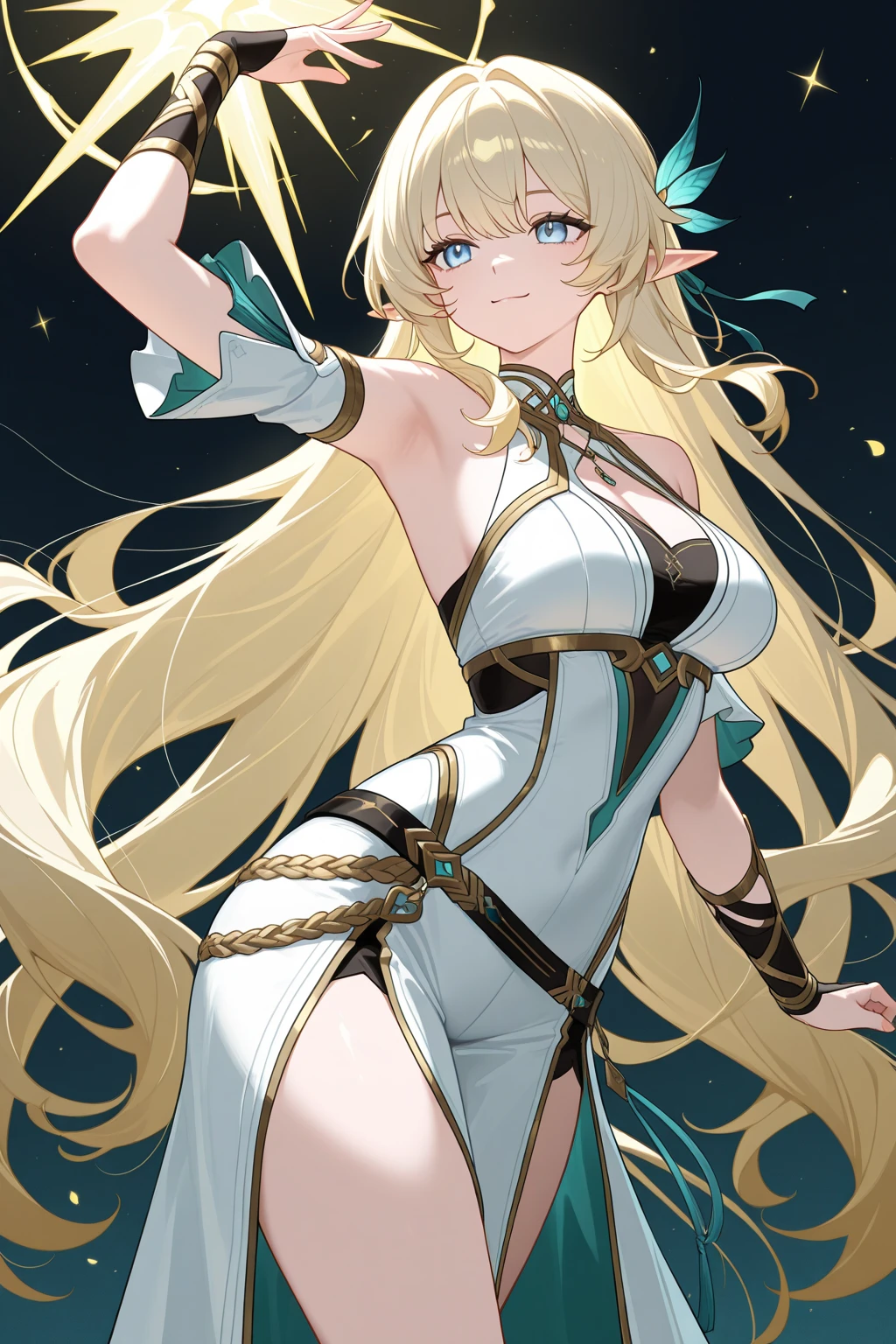 1girl,  <lora:Witchcrafter_Genni_v1:1>Witchcrafter_Genni,blonde hair,wavy hair,long hair,glasses,green dress, sleeveless, wide sleeves, green thigh boots, black sleeves,  ,Jabot, green gloves,fingerless gloves, pelvic curtain, <lora:flatBG:-0.6> ,<lora:flat2:-0.6>,(dark light:1.2),(hyper extreme detailed),(masterpeace:0.5),(hyper extreme),(photorealistic),game cg,llustration,novel illustration,beautiful lighting,light from the front,BREAK, <lora:GoodHands-beta2:1>,(good hand,nice hands, perfect hands:1.2),five finger,, standing,hand on hip, BREAK