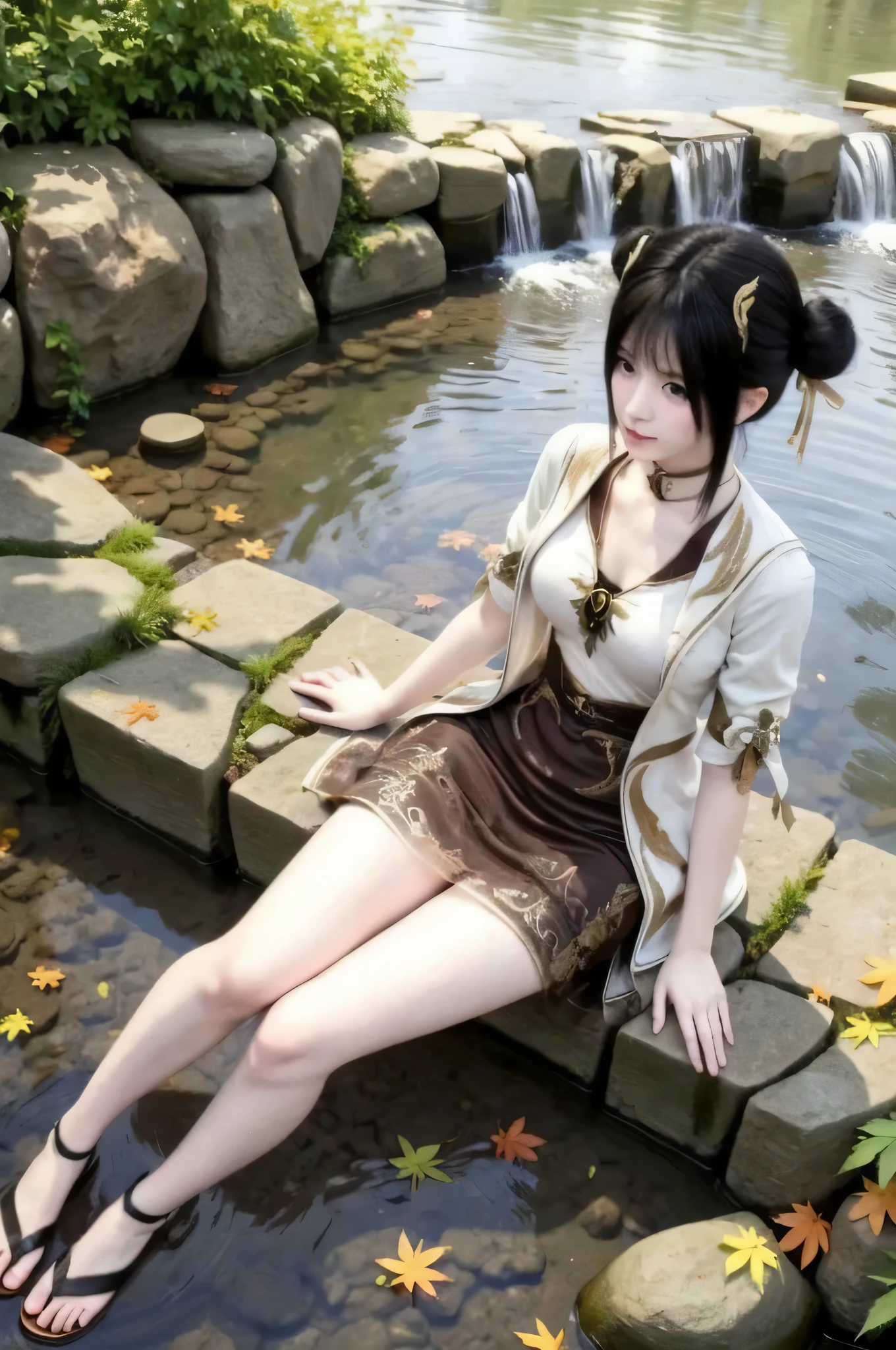 a woman sitting on top of a well and an ogre by her side, with enhanced Japanese taste and realistic details