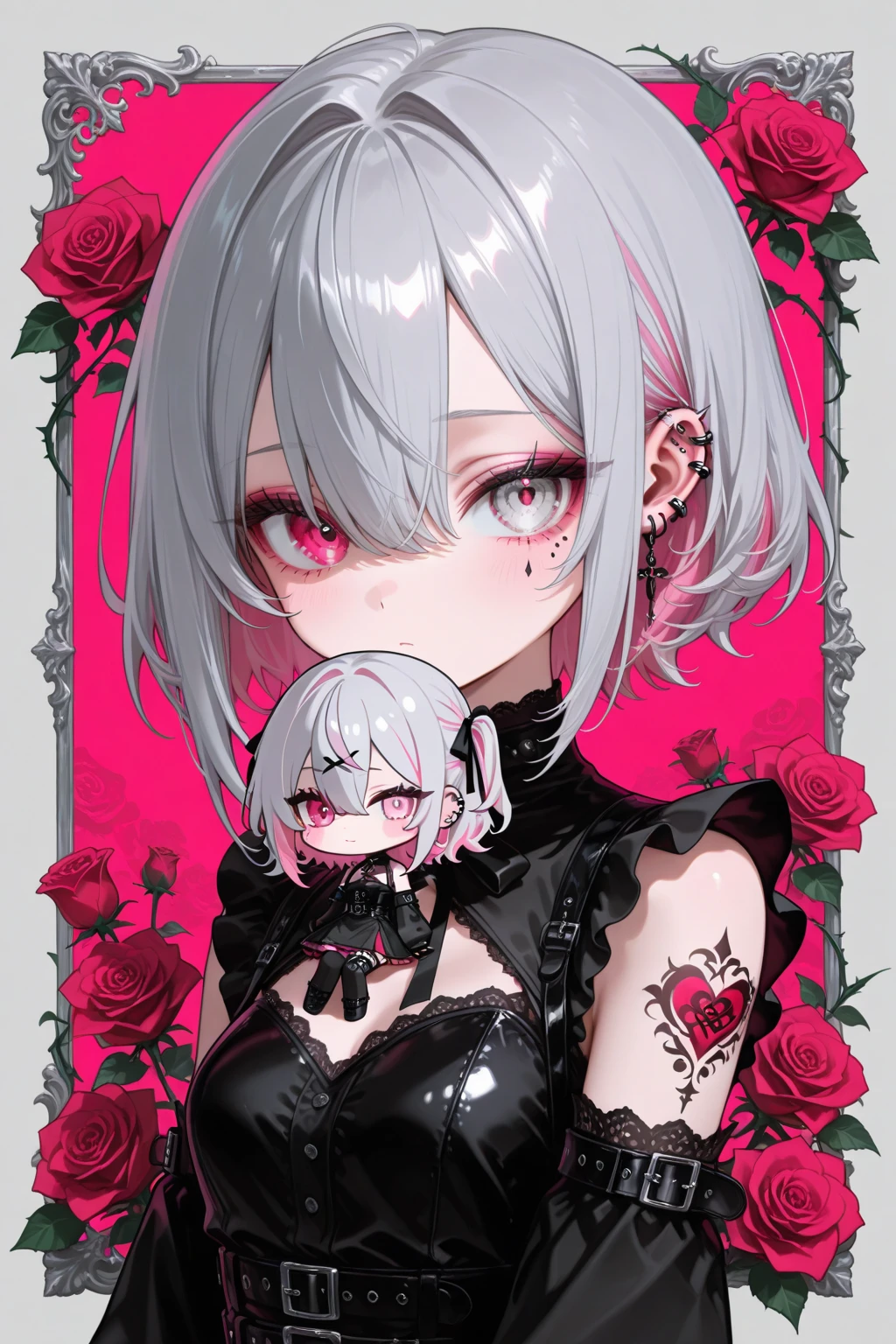 (best quality), ultra res, highly detailed, turned at viewer, anime style, (face shoot), long hair, white hair with lilac at the ends, black underwear, (looking at viewer), pink heart necklace, straight hair, a pink heart tattoo on right cheek, lace dress, black lace, girl, Gothic dress.