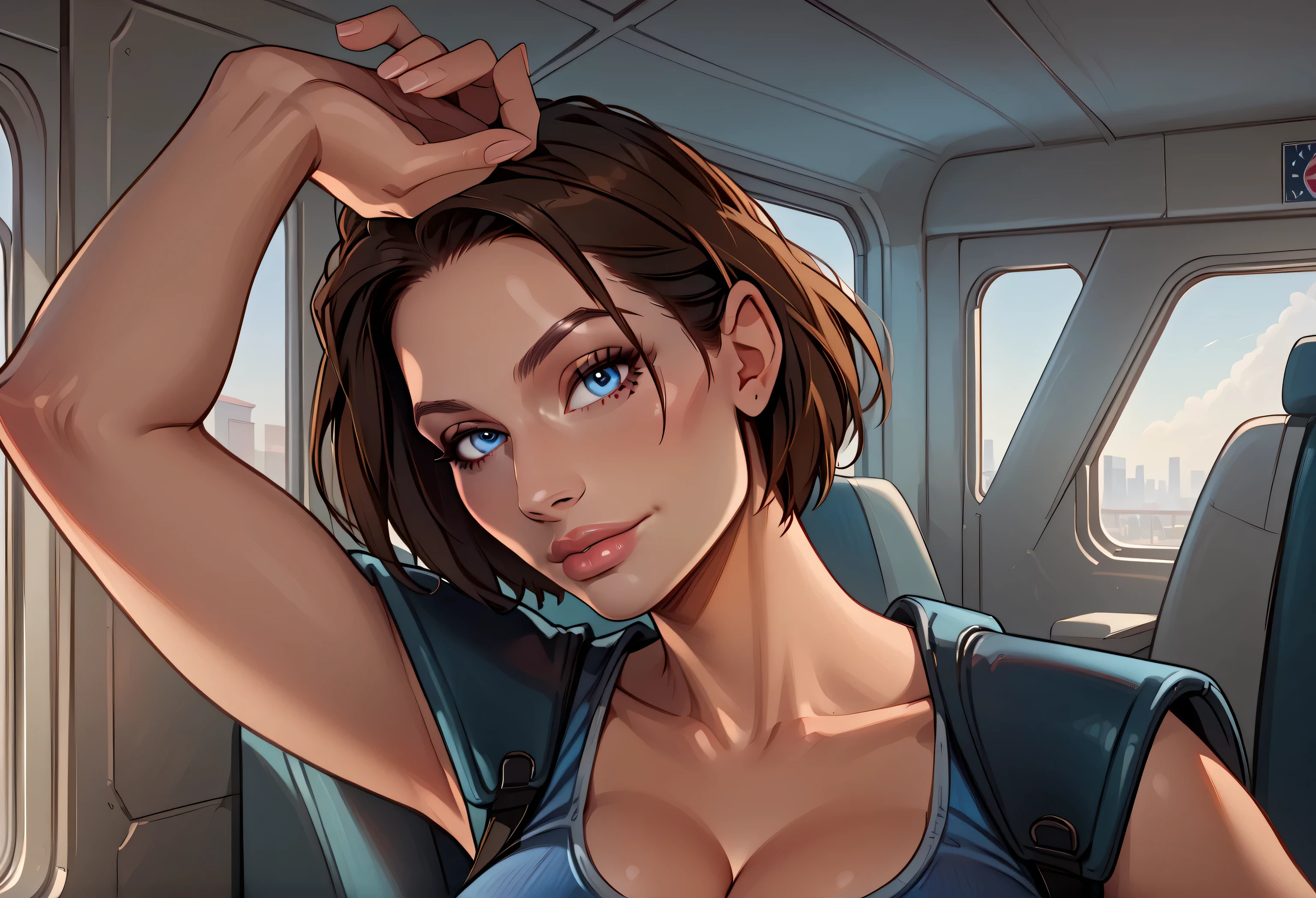 (Details of a very beautiful face), (Best Quality:1.4), 8K resolution, High resolution,Jill valentine , Beautiful Jill valentine of the highest grade, Super beautiful detailed face, smooth skin, very detailed beautiful eyes, fine skin texture, Gloss on lips, thin waist ,  look, shallow, (masterpiece, best quality: 1.2), cleavage, , hourglass figure, hourglass body, curvy, wide , skinny belly, skinny, thick thighs,((huge , milky , )), nsfw,One arm up, train background, metropolitan