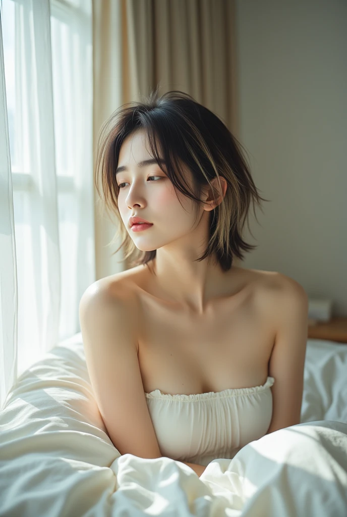 1 girl, Highest quality, masterpiece, Ultra-high resolution, (Realistic:1.4), RAW Photos, 1 girl, short hair, See-through spaghetti strap shirt, Cinema Lighting, Half Body Portrait, Half Body Shot, Bedroom, Naked but covered with a blanket, Shortcuts, capricious lighting, Enchanting atmosphere, Bokeh, Dreamy decor, capricious lighting, Enchanting atmosphere, Sleepy face, close your eyes, Lying on the futon, Hug with a pillow