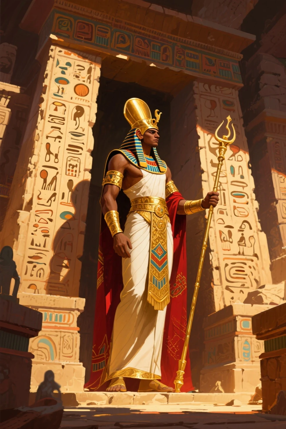 (((Egyptian crown))) Best quality, very high resolution, Detailed 4K computer graphics, masterpiece, Egyptian mythology,Osiris, Sun,Ancient Egypt, sitting, Atef,Egyptian crown, white clothes, Egyptian clothing, desert,they didn't scourge, blue hekatzeu stick, River, desert, Ancient Egypt, ((sitting на троне)), Egyptian Mithra, aesthetics, Beautiful image, centered on the screen (((Atef))), staff and whip, they didn't,