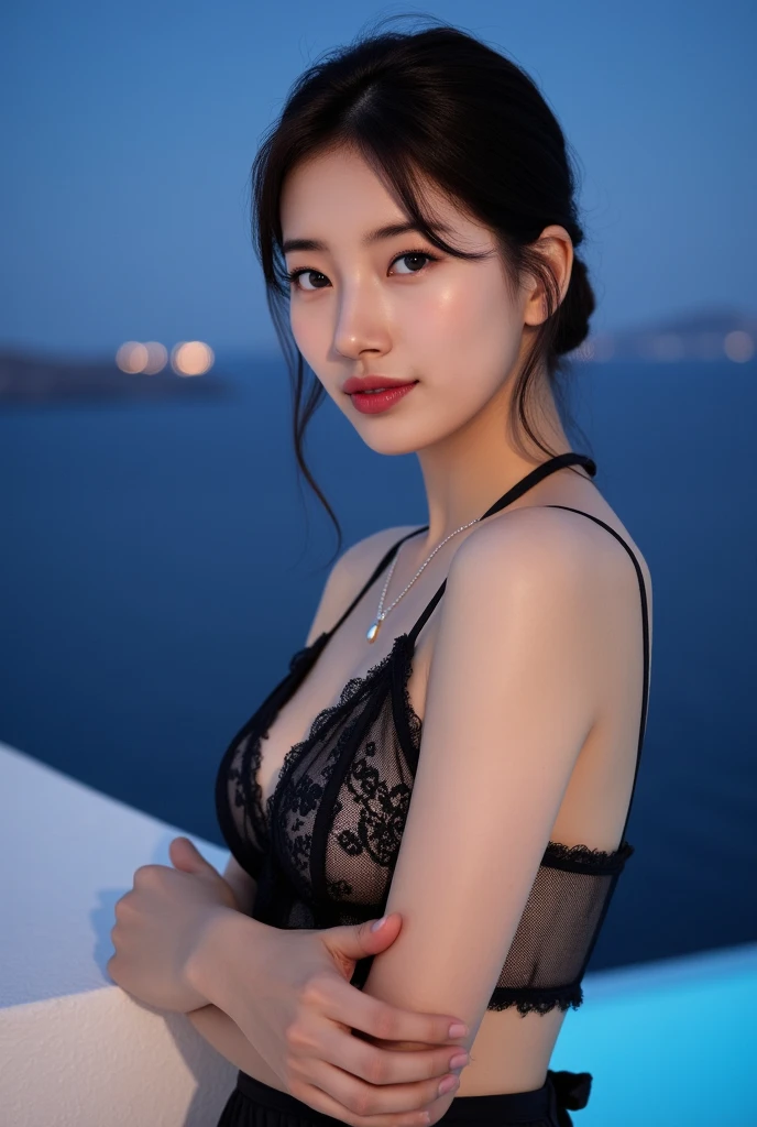 realistic, Hot girl wearing a navy blue bra, An absent-minded attitude, big breasts, cute sexy poses, In a small skyscraper bedroom at night, mood light, Window with night city view, raindrops on the window, Rainy night, Volumetric light, movie light, depth of field, Bokeh, Masterpiece,