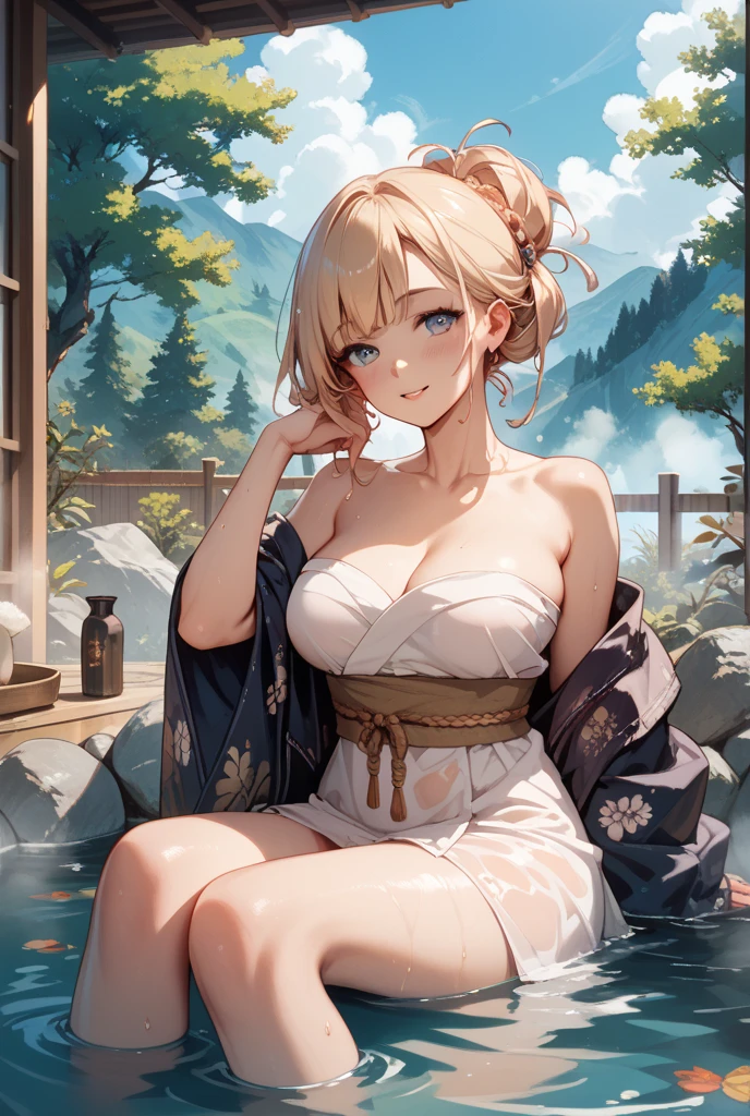 Highest quality,highest quality,masterpiece,break,(1 girl,alone,nonomi,:1.5),(yukata,Cleavage:1.5),Grin,sit,vile face,cute,vile,Ryokan garden,Wooden chair