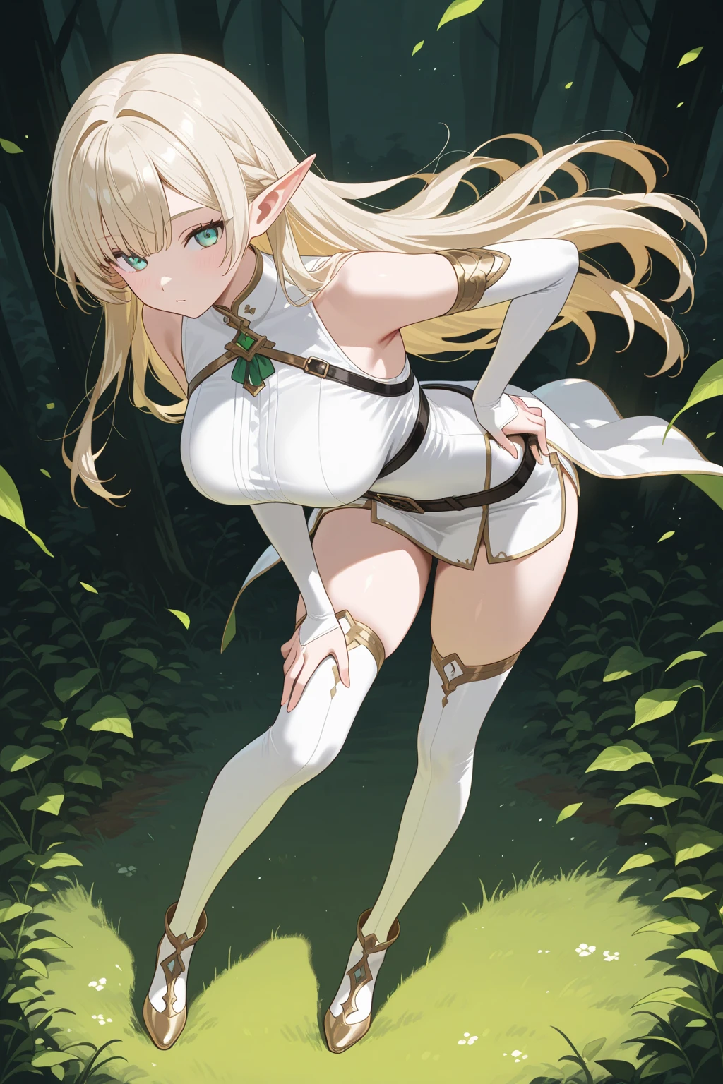 Flat chest, loli, full body, light rays, blonde hair, green eyes, low ponytail, parted bangs, (sweaty skin:1.2), grand hall, light particles, illustration, elegant clothes, absurd detail, HDR, huge ass, wide hips, long hair 