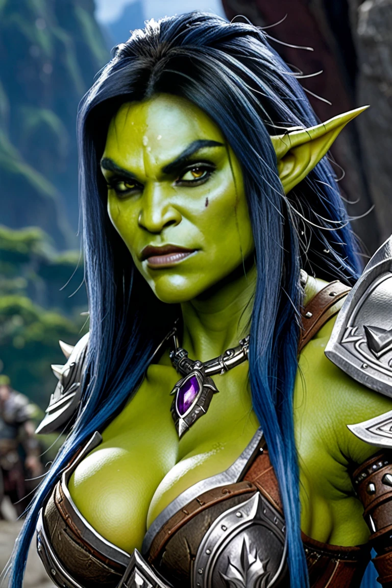 ((green skinned:1.3)), (((3/4 view))), ((beautiful)), ((half orc:1.1)), (((small tusks))), analog style, realistic, ((intricate details)), full torso shot, cold lighting, beautiful, (pale gothic evil princess), ((purple black hair)), (intricate), ((engraved skeletal onyx metal dress armor)), (cleavage), (broad shoulders), ((visible fangs)), (oiled skin), ((skull shaped pauldrons)), (intricate sharp tribal horned crown), (tribal necklace), tribal jewelry, muscular, dynamic pose, windblown hair, perfect face, (red orc eyes), (realistic eyes), round iris, perfect eyes, intricate, complex, Helios 44-2, ((dark gothic background)), (candle lit), swirly bokeh, trending on artstation, sharp focus, studio photo, intricate details, highly detailed, sharp, dnd character portrait, ((oil on canvas)), perfect lighting, Masterpiece, detailed background, portrait by artgerm and greg rutkowski, cinematic lighting, 8k