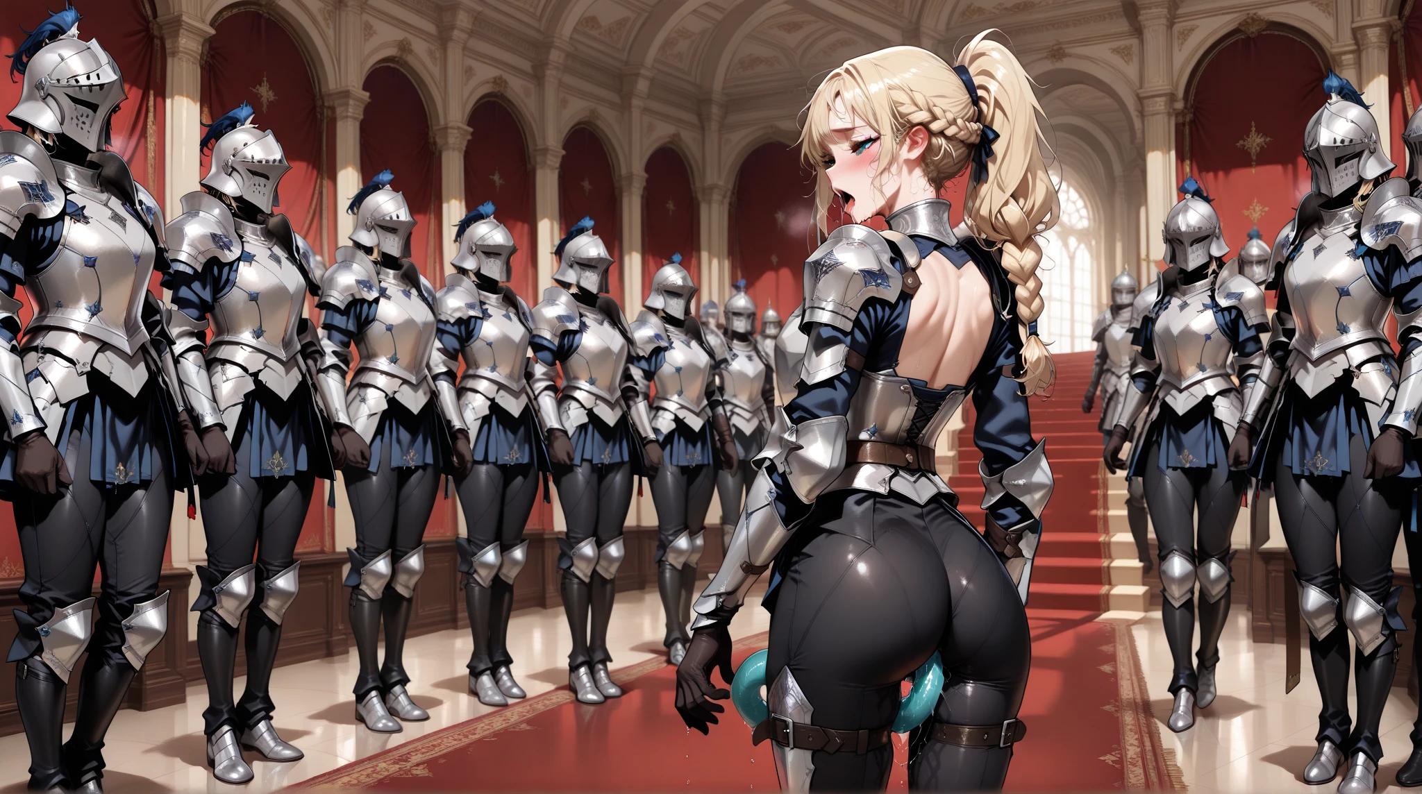 ((female knight)), blonde, ((mature woman)), (26 years old), (huge breasts), nice hips, voluptuous, detailed skin, ((SHARP detail perfect face)), (skimpy clothes), ((thong)), ((seducing viewer)), ((masterpiece)), best quality, (SHARP details), 4k,
