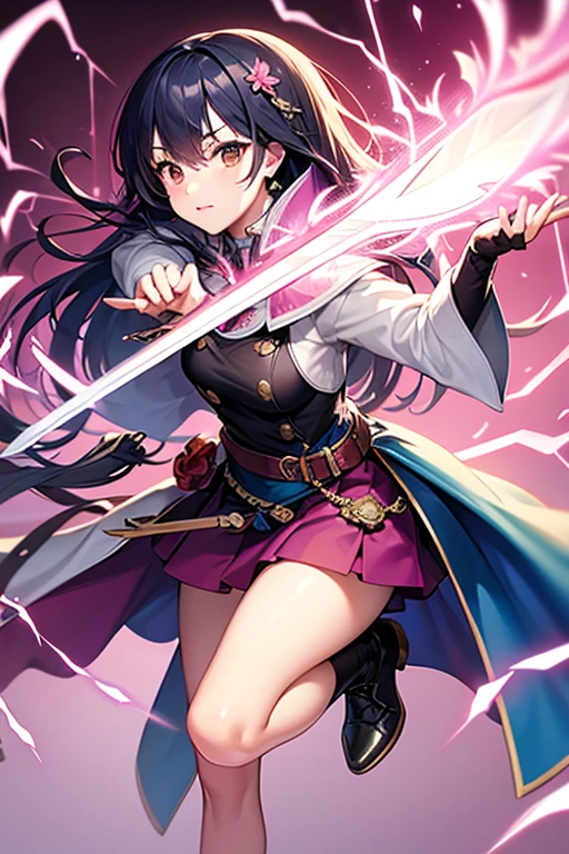 (long hair:1.3), (black hair:1.3), forehead, forehead mark, anatomically correct, heavy breathing, huge breasts, breast press, 1girl, weapon, sword, thighhighs, solo, blue_eyes, breasts, full_body, ponytail, bangs, jewelry, standing, dress, holding_weapon, gloves, holding, short_dress, looking_at_viewer, earrings, long_hair, closed_mouth, cleavage, white_legwear,michiko_tanaka_mahoushoujoniakogarete,michiko tanaka, (shaded face:1.2), hollow eyes, yellow eyes, looking at viewer, (heavy breathing:1.2), smirk, upper teeth, forehead mark, makeup,