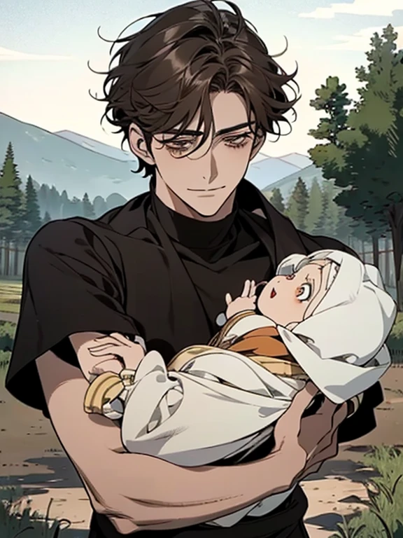 Create a man like 1 with pale skin, blue eyes and honey brown hair, and delicate appearance, holding a black-haired baby in her arms, kimetsu no yaiba style 
