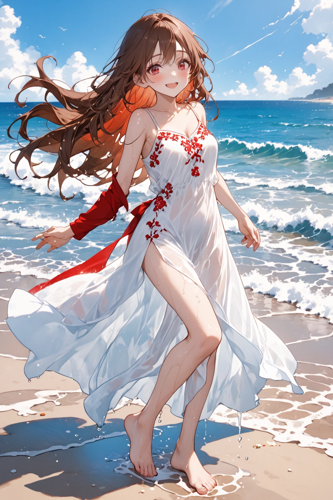alone in the universe, Paint in watercolor style, Photorealism, discreet golden and ruby and mint shades, (nude) a gentle, modest thin girl of 14 years old with tender nipples walks barefoot in the distance along the coast