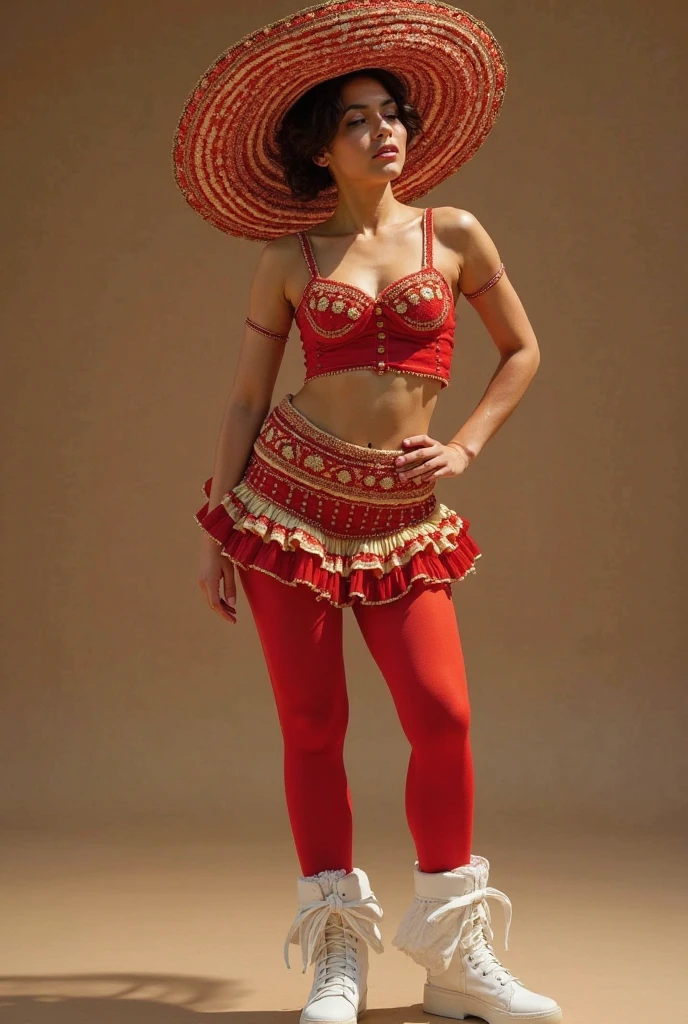 Create me a very original women's wrestling costume with recycled materials that is 2 pieces and has a design with Mexican shapes and the color of its flag and a mask with the colors of the Mexican flag that is also very creative wrestling with cat ears., that the character is seen in full body