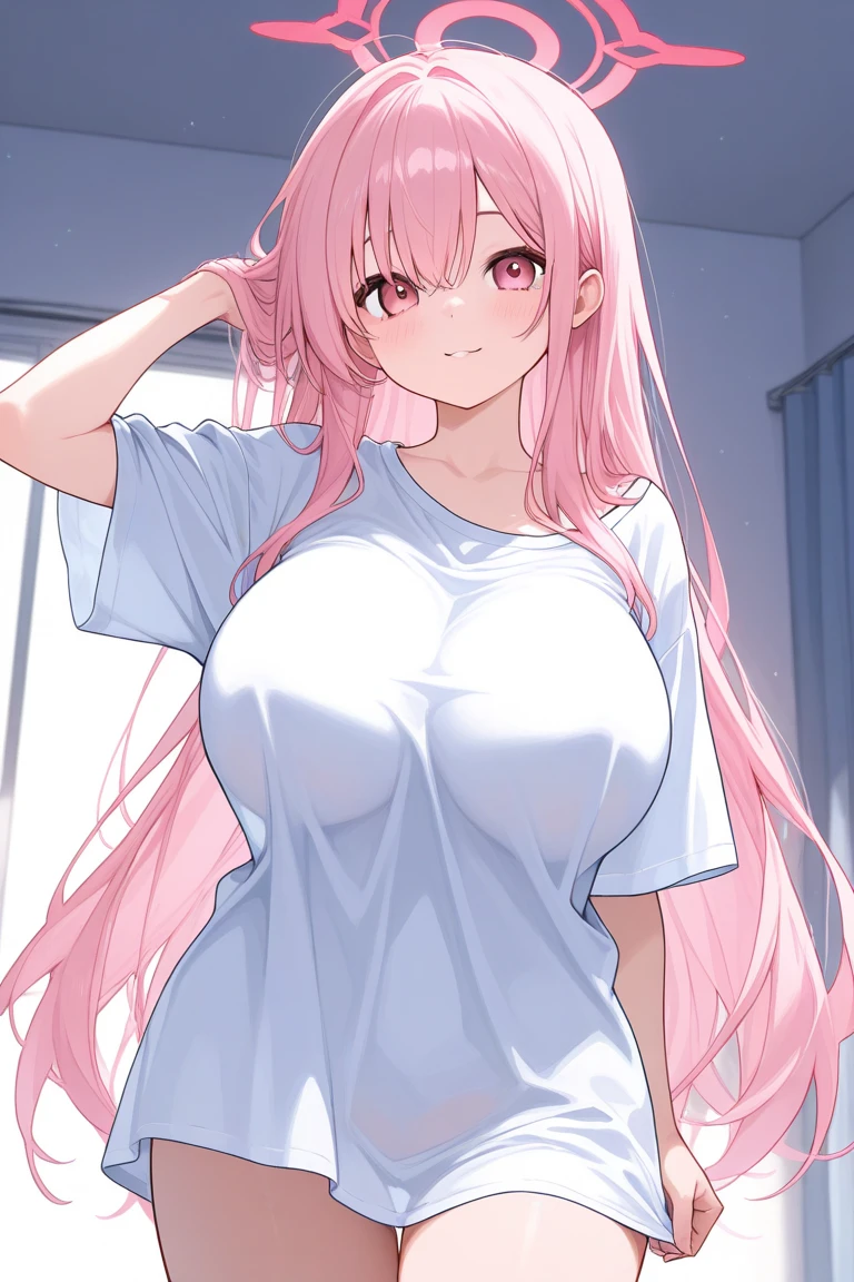 Optimal,masterpiece,High resolution,highest quality,hyper hd,Super detailed,award-winning,16k,alone,(cowboy shot)、cute face,,pink hair、long hair、braid、 hair line,((scarlet eyes)),long eyelashes,drooping corners of the eyes,Are standing、open your legs、thin legs、white skin,((shoot from below)), ((wearing a tight white t-shirt:1.5)), ((transparent nipples))、rocket , big breasts, exposed breast, nipple