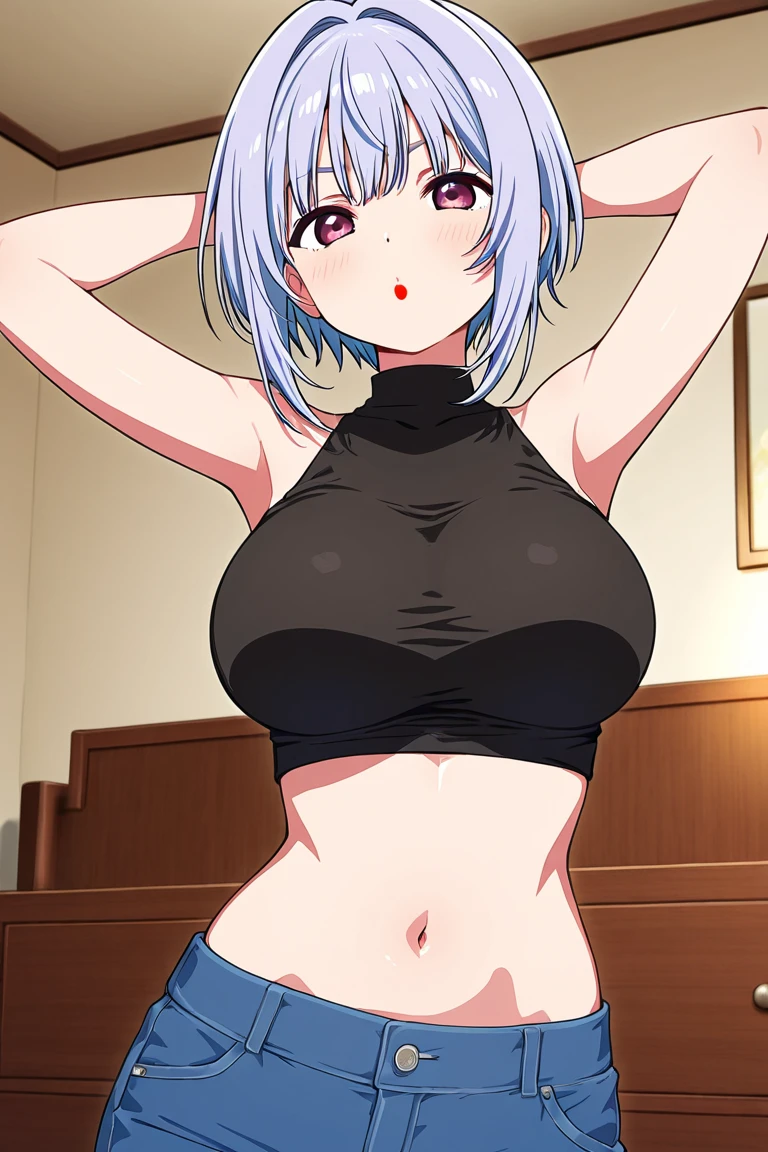 (masterpiece),best quality, Kurokawa Akane, laughing, blushing, raised eyebrows, half-closed eyes