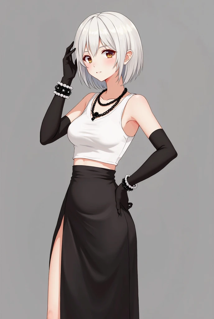 1girl, 2d, anime style, skinny body, Anime girl wearing crop top, pantyhose, kneels, light grey short hair, pose picture of her sexy pose, highly detailed, 8k, character sheet, white background, best quality, from behind, open pussy