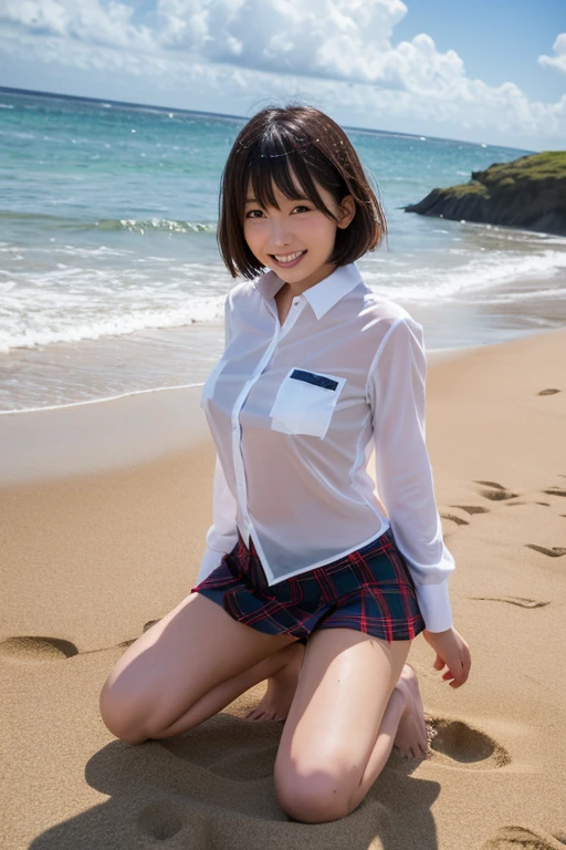 18Year old girl、A uniform skirt fluttering in the wind、Beautiful feet、Big ample breasts、smile、White shirt、Wide open chest、(Butt)、short hair、 information、coastal、Cloud、