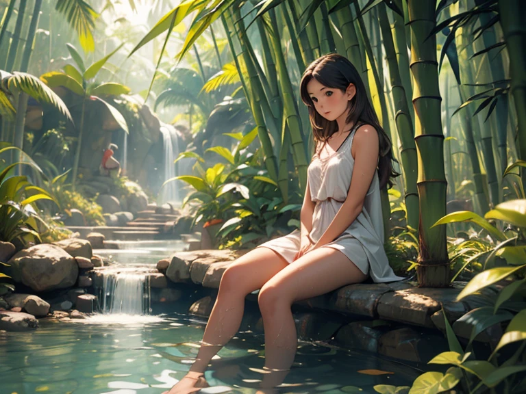 a beautiful girl in a large summer forest, sunlight reflecting on a river,bikini, the girl preparing to take a bath, detailed face and body, realistic, photorealistic, high quality, 8k, detailed environment, lush greenery, sunlight shimmering on water, serene atmosphere, in the style of Wadim Kashin