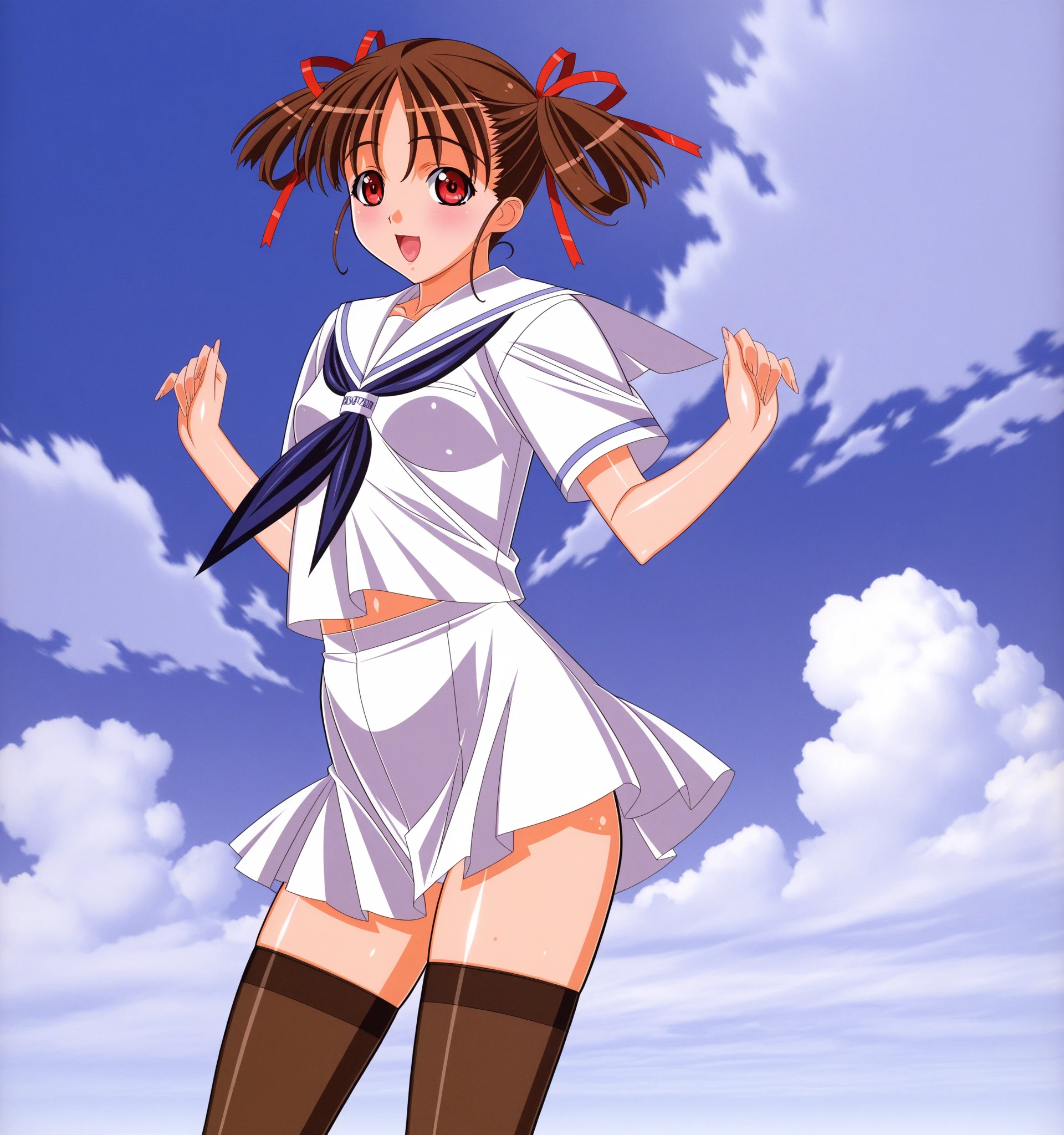 Android, Beautiful robot masturbates hard, She reaches orgasm. Her short pigtails, Brown Hair, A hair tie with two large red clothespins, Big smile, Brown Hair, middle aged, Seams, blue eyes, Full body portrait, height: 160cm, She is wearing only light beige micro mini panties, Fluttering skirt, Skirt crease, white retro swimwear, boost mood, Anime style in the 2020s, 21st Century Japanese Animation, Show white panties, A strong wind is blowing.