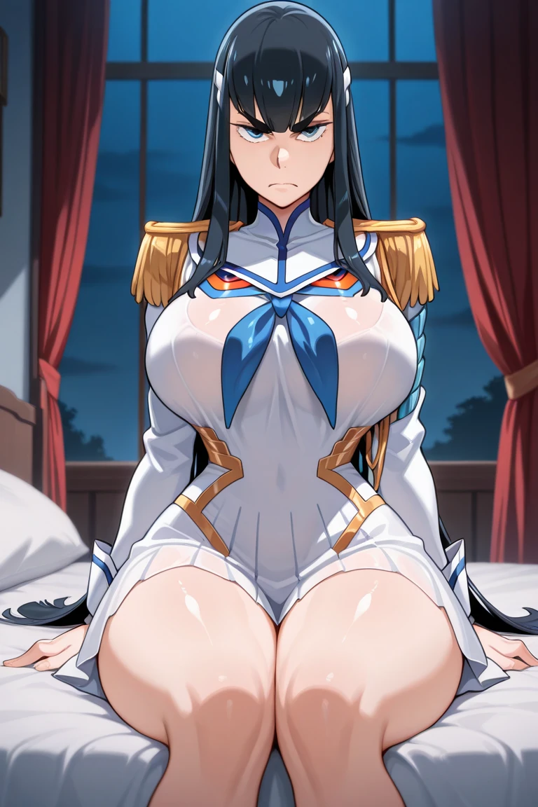 masterpiece, photoreal, high definition, slim waist, long legs, wet skin, huge ass, huge breasts, masterpiece, best quality, absurdres, perfect anatomy, 1girl, solo, kill la kill, (1990s \(style\), Kiryuin Satsuki, black hair, long hair, smile, maid outfit, white thigh highs, legs spread, on bed, covered in cum, wet skin, cum drip, bukkake, breast milk, cum on face, cum on tits, open mouth