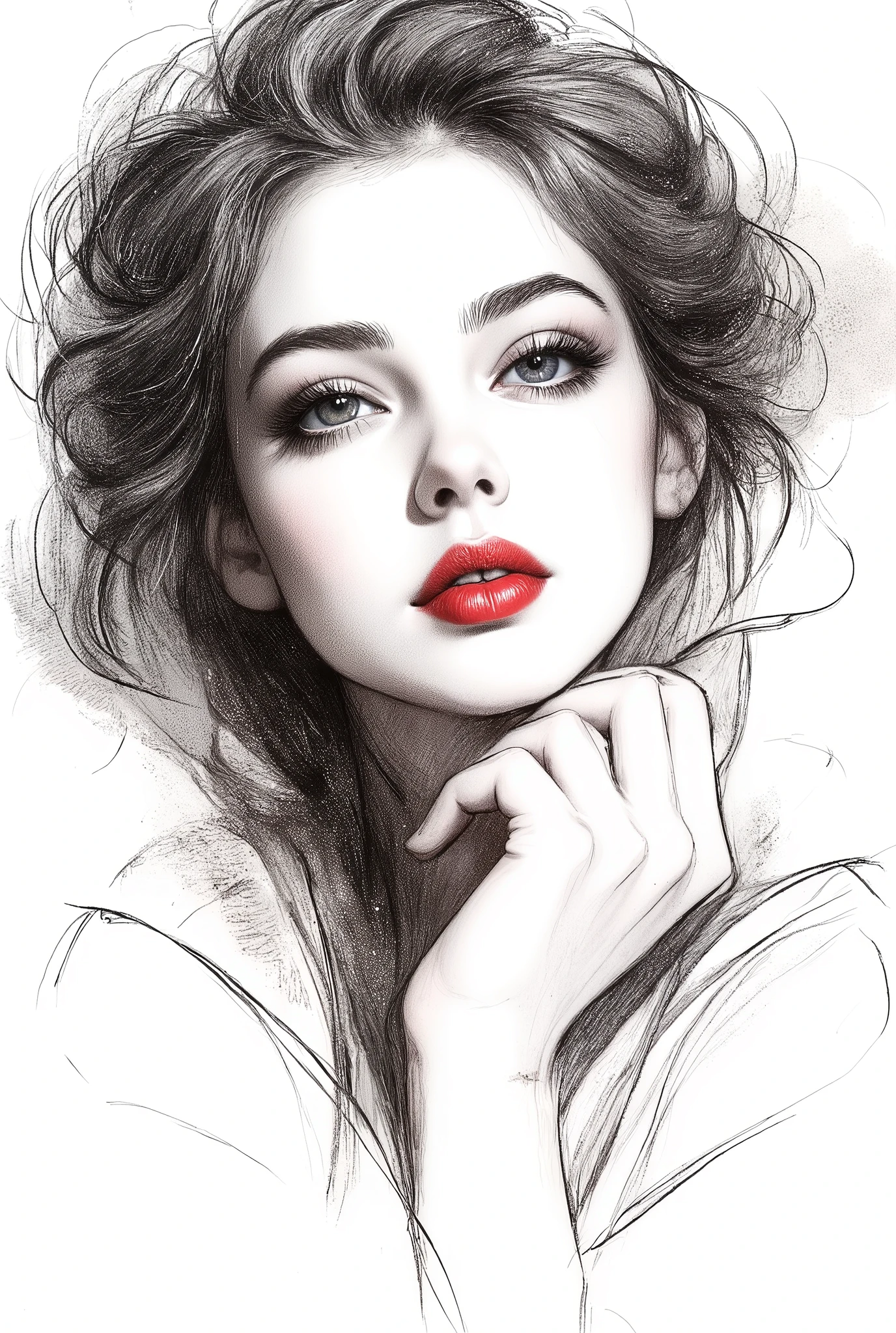 Monochrome ink painting , Pen sketch ,  gentle brushstrokes  , and the pen draws delicate lines ,  Fluid Action  ,  Subtle shades of paint  , elegant posture , gentle expression , things to draw、with an emphasis on simplicity and restraint、focuses on delicate facial features from black and white to a pretty, small red . :::: perfect anatomy , contemporary , sophisticated design , Impressive , artistic , Innovative , esthetic , Futuristic , Cutting edge , elegant , chic , colorful , This composition is、Along with Neo Mode、blending modern and traditional elements along with Neo Mode, the ,  avant-garde style  , characterized by elegant lines , bright color ,  and exquisite details  ,  Forest Lake  ,  elegant narrative  , This work emphasizes understated colors  , clean line , smooth curves ,  and sleek contours  ,  thick outlines and Expressed with a sharp  , sharp edge . overall composition is clean and sophisticated , stylish impression like a fashion magazine , Professional , and elegant , with an emphasis on simplicity and restraint rather than bright color ,
