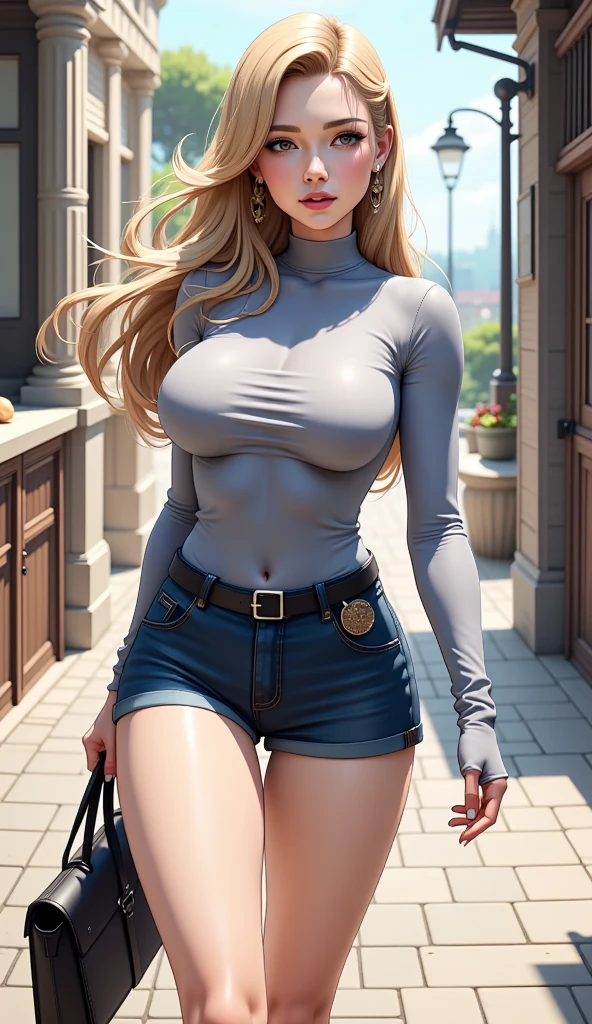 [1girl, Naruto Uzumaki as a girl, female Naruto Uzumaki, gender swapped Naruto, Naruko, Naruto as a female, gender swap, female Naruto Uzumaki (anime: Naruto), female/girl/woman, beautiful blond hair, blond hair, blue eyes, beautiful blue eyes, detailed blue eyes, perfect eyes, fashionable modern outfit, modest girly outfit] Imagine a stunning rendition of Naruto Uzumaki, but reimagined as a girl - let's call her Naruko. Picture her with beautiful, flowing blond hair cascading down her shoulders like golden strands of sunlight. Her eyes, a mesmerizing shade of azure, sparkle with an intensity that draws you in, each detail meticulously crafted to perfection. Naruko stands confidently, exuding strength and determination, yet there's a softness to her features that speaks of her feminine grace. Now, envision her attire - a modern ensemble that perfectly complements her vibrant personality. She wears a chic keyhole turtleneck in a trendy shade of charcoal gray, the sleek design accentuating her neckline and adding a touch of allure to her look. Paired with this, she sports a pair of form-fitting jeans, their dark wash emphasizing her lithe figure and casual elegance. Completing her ensemble, she opts for a pair of stylish ankle boots in a neutral tone, adding a hint of urban sophistication to her overall look. Naruko carries herself with poise and confidence, embodying the essence of modern femininity with a dash of casual chic. [High quality, 8k, perfect image, best image, highly detailed, detailed, beautiful]
