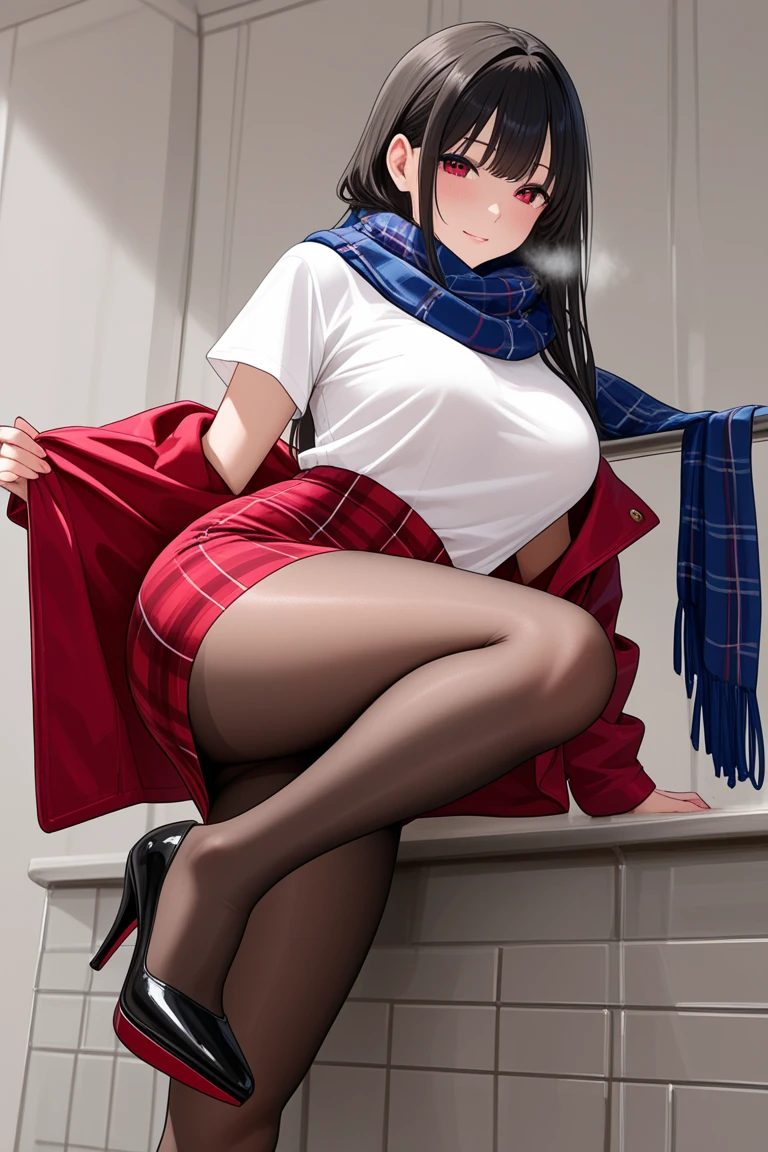 (Masterpiece:1.5), (Best Quality:1.5), 8K, High image quality,(super detaill:1.3),Mikasa Ackerman, 1Girl,Solo,red scarf,(large full breasts),school uniformss,Black school uniform skirt,(miniskirt:1.5),(ass),(bare hands:1.3), (Black eyes:1.3), (bright-eyed:1.4),(High-quality snow:1.4),(class room:1.2),(mature:1.6),((shameful expression)),(Black stockings),(White panties:1.3),(NSFW (New South Wales):1.3),(Sexy:1.5),(skirtlift), Holding skirt,(Lifting by yourself),(tiny_face)