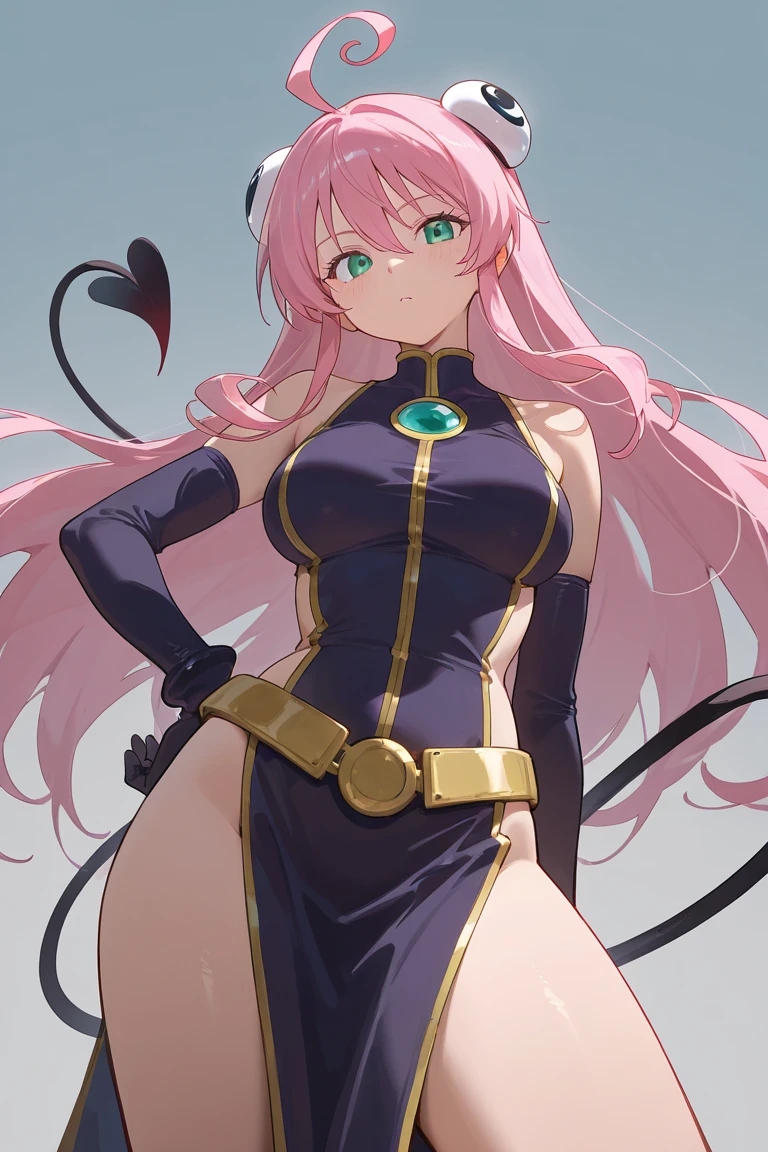 female, silver messy long hair, red eyes, tanned skin, (((1girl))), (((black regal dress with pink trim))), (black opera gloves), (pink stockings), (black knee high heeled boots), (gold ornate crown), cute and sexy, full body, big breasts, long legs, smiling, cleavage