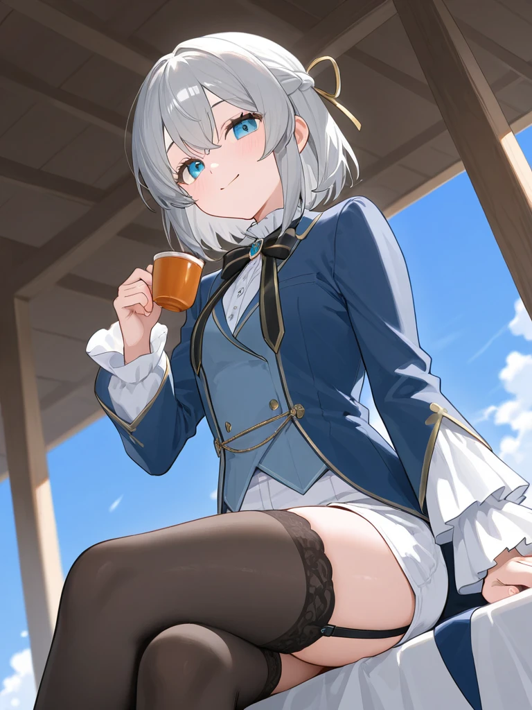 <lora:linnite_xl:1>,(\lin ni te\), 1girl, bird, animal ears, purple eyes, solo, gloves, breasts, cup, pantyhose, holding, sky, sitting, bow, day, animal ear fluff, cloud, long sleeves, cleavage, skirt, holding cup, cat ears, bangs, facial mark, frills, grey hair, outdoors, small breasts, closed mouth, pleated skirt, blue sky, dove, black pantyhose, bowtie, medium breasts, black gloves, white shirt, shirt