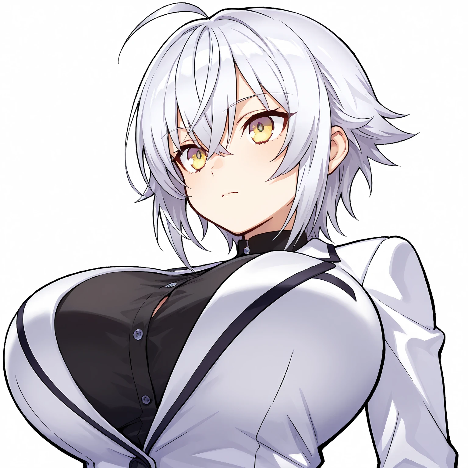 solo,  looking at viewer, choker, cleavage, light blue jacket, short hair, white hair, large breast,  black eyeshadow, black eyeliner,  <lora:doxylorav1:0.6>
