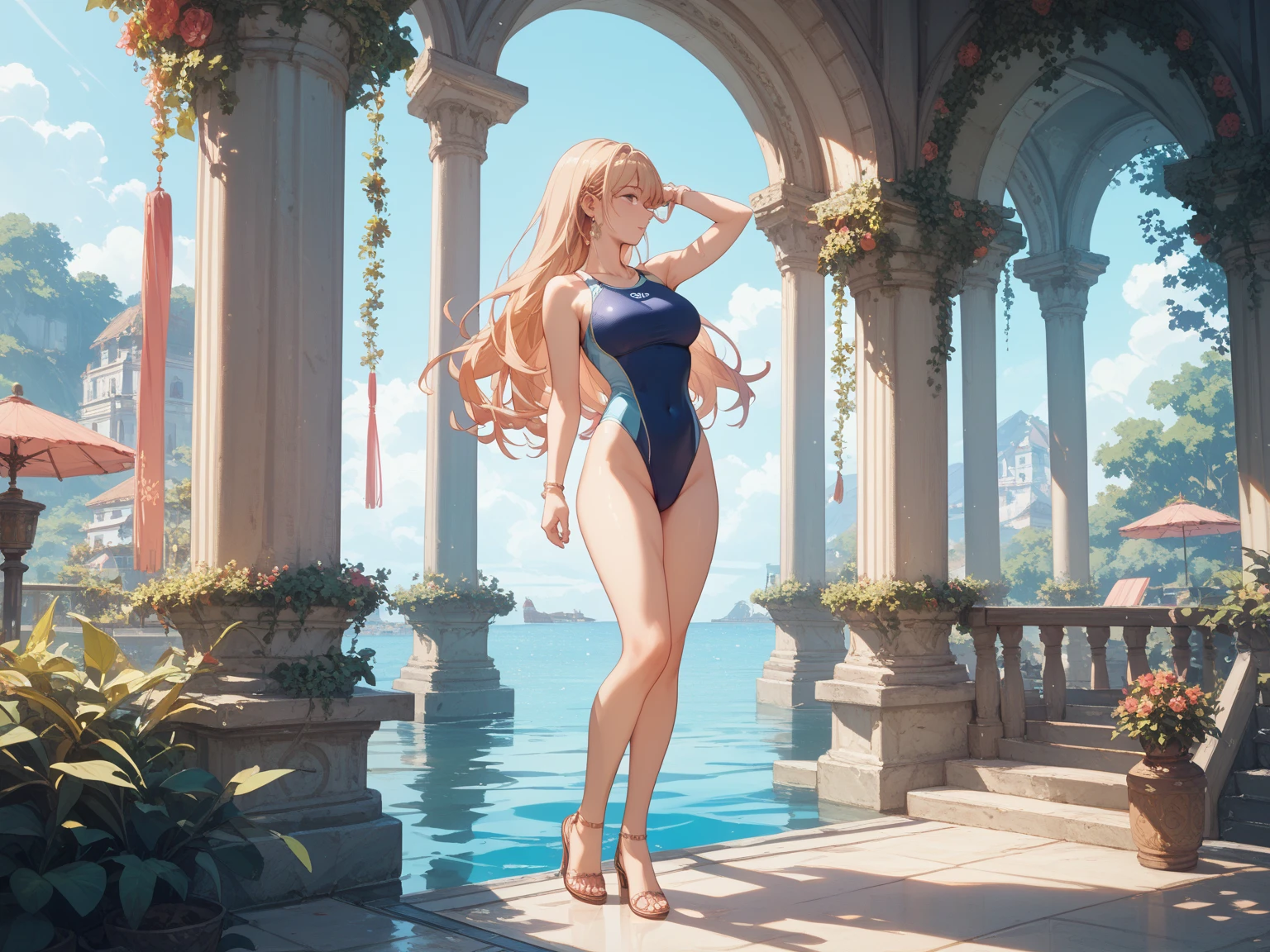 Enchanting giantess with flowing golden hair and deep brown eyes, dressed in a barely-there bikini, steps through an ancient city, her presence causing chaos. She looks at the tiny humans at her feet with a smirk. Giantess, Goddess, sexy legs, heels, hot, curvy body, mommy issues, small town, small people, tiny people, macrophilia, perspective from below, high quality, almost naked, mature woman.