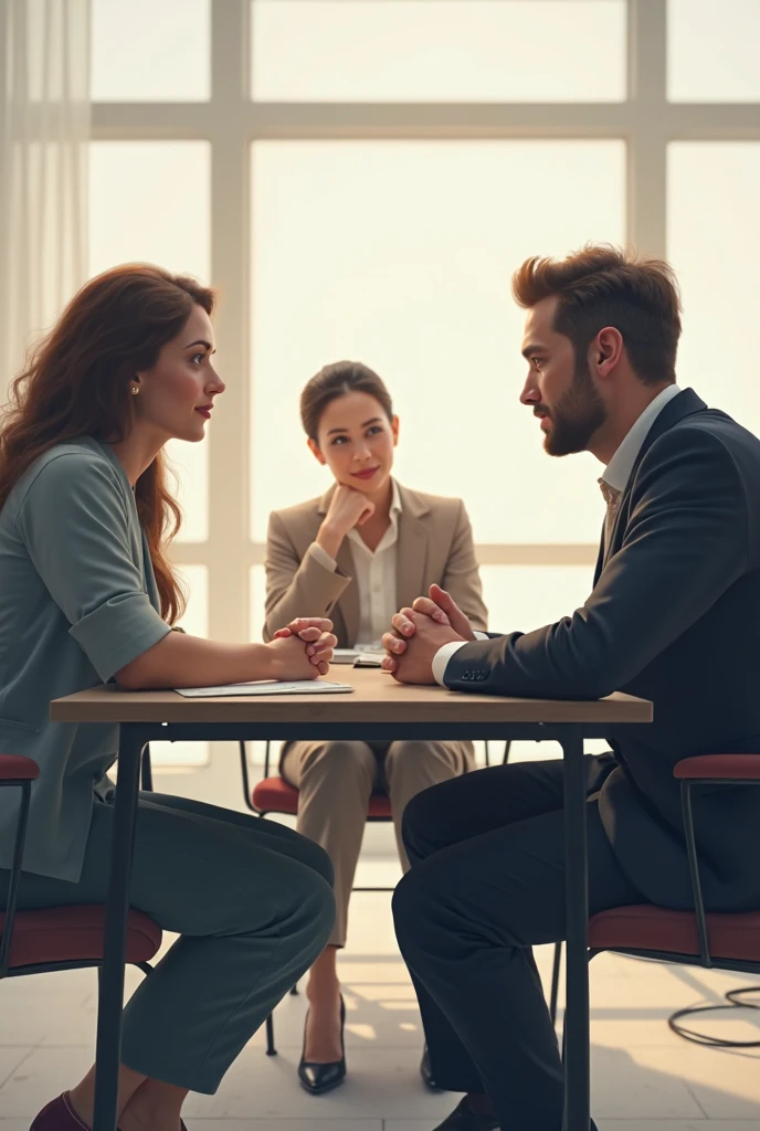 Generate a high-definition image depicting a work environment where three people are present. People should be represented in full body, standing. Two of them must be gossiping about the third person, who is oblivious to the conversation. Make sure the image is sharp and the details are visible.