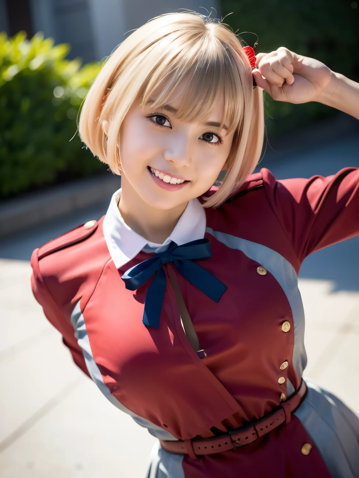 1girl, solo, cute Japanese girl, hight school girl, (smile:1.2), natural makeup, highlighting her clear skin and subtle eye shadow, Beyondv4,
BREAK
((realistic skin, detailed skin texture)),
BREAK
(bouncing breasts, active pose:1.2, stylish pose, dynamic angle:1.5),
BREAK
(huge breasts:1.35, pointy breasts),
BREAK
(film grain:1.5), 8K raw photo, Best quality, masterpiece, ultra high res, (photorealistic:1.4), professional lighting, (16k, RAW photo, best quality, masterpiece:1.2), (realistic, photo-realistic:1.4), (extremely detailed 16k wallpaper), sharp focus, depth of field, blur background, bokeh, cinematic lighting, soft light,
BREAK
aachisato, short hair, hair ribbon, breasts, neck ribbon, collared shirt, lycoris uniform, two-tone dress, red dress, grey dress, long sleeves, red belt,