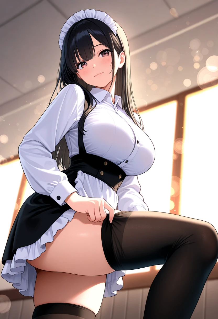 Top quality, beautiful face, beautiful eyes, female teacher, black hair, long hair, sharp eyes, huge breasts, curvaceous, narrow waist, big butt, white shirt with black short tight skirt, skirt lifted to show panties, see-through White panties, bewitching expressions, seductive, obscene gestures, bewitching smile