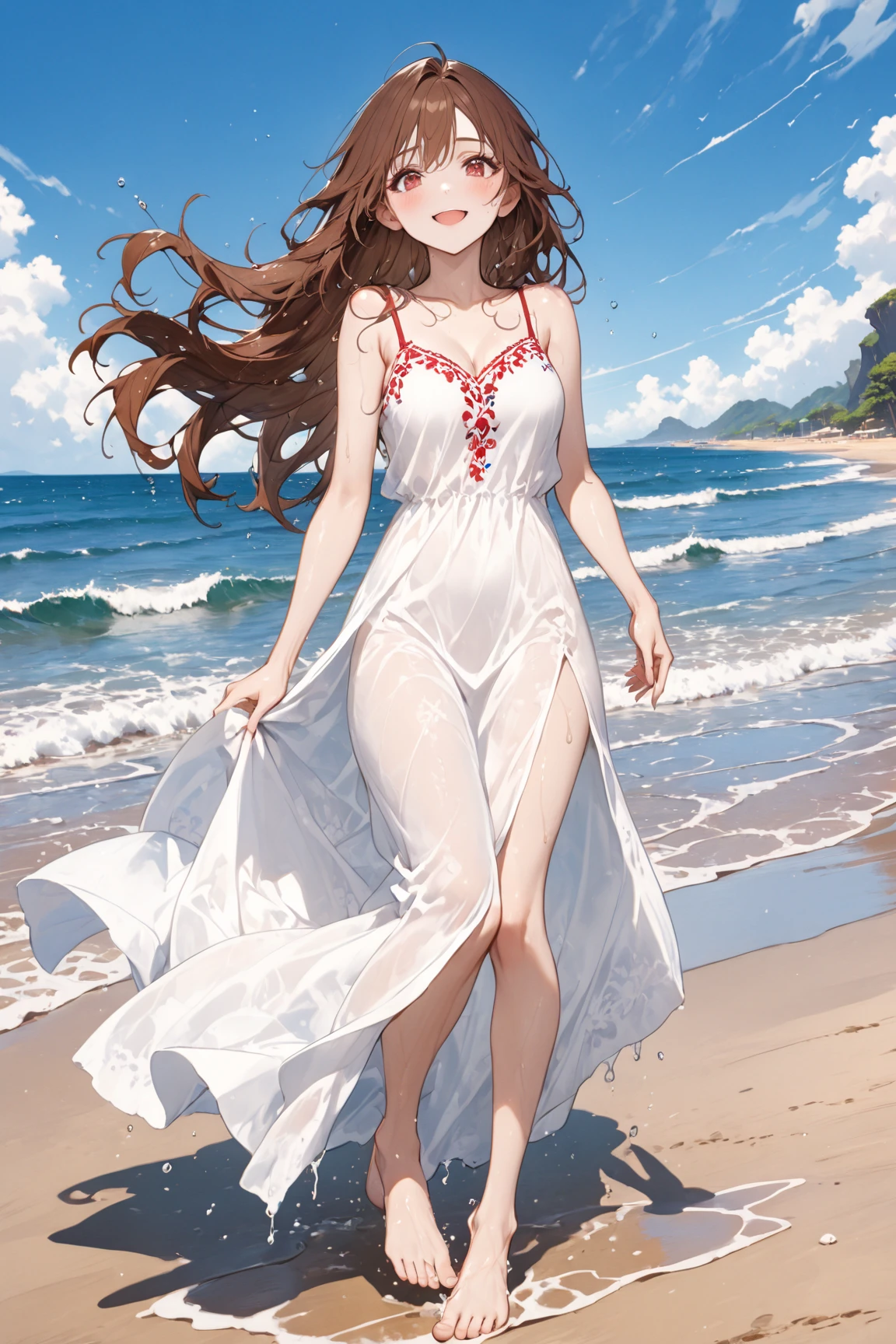 masterpiece, Beautiful beach views, cloudy, moon, at night,beautiful girl,Red dress,Sleeveless,Small breasts,Flat chest,Slender beauty,((Highest quality)), (Very detailed), (High-definition CG synthesis 8k wallpaper), 高いly detailed, 高い-definition raw colbor photos, Professional photography, Written boundary depth,
