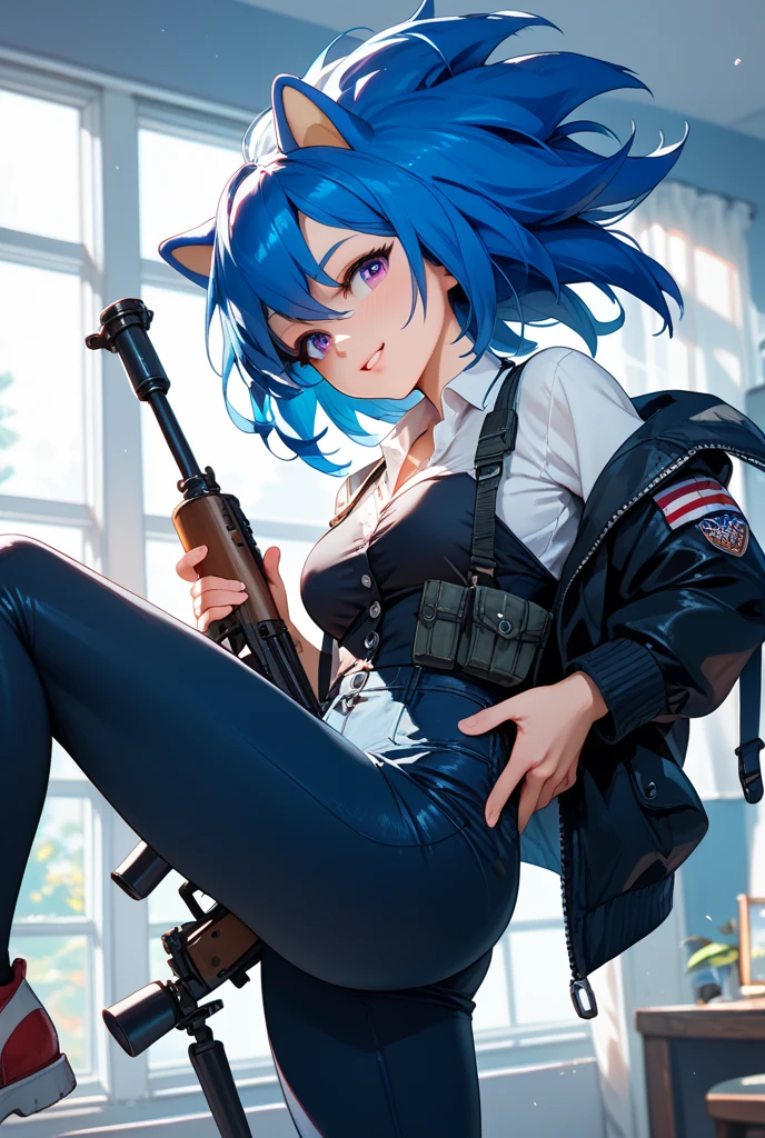 a beauty girl、army clothes、Toy pistol、Goggles on the head、full bodyesbian、bandaid、boots、cute little、a miniskirt、Colorful and cute