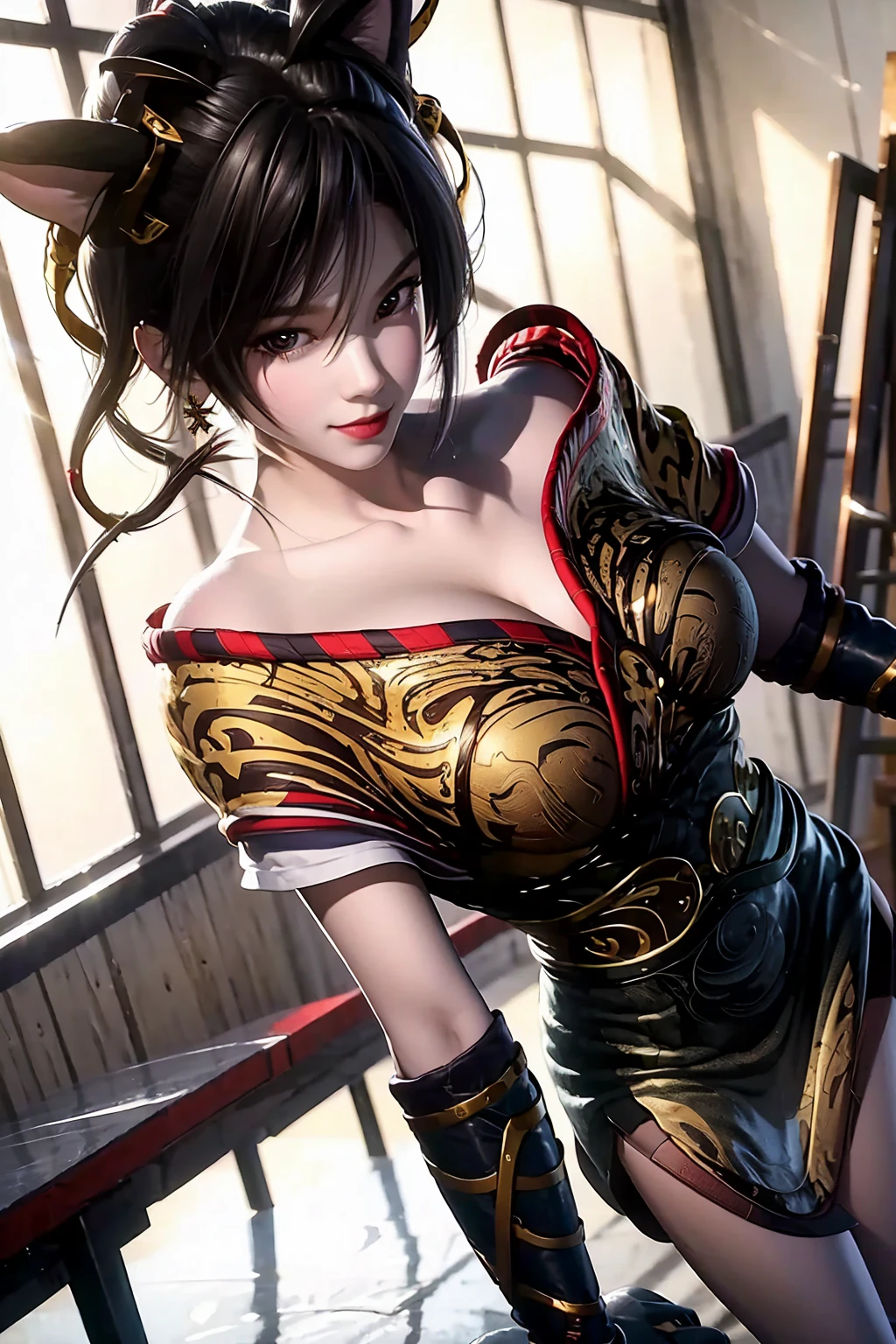 A view from above of a tall young woman with a slender and busty frame. long, straight, black hair reaching her mid-back with short bangs framing her forehead in a more elaborate updo formed from braids wrapping around her head and upturned red eyes. a form-fitting halter-style black dress that shows off her shoulders and chest, with a rose choker and a red rose pattern on the inside of her skirt. The front of the skirt is mid-thigh length, while the back reaches below her knees. She also wears a pair of black thigh-high boots with a rose symbol at the bottom of their sole and black fingerless gloves. The headband she wears is gold colored with a rose and two spikes on each side.