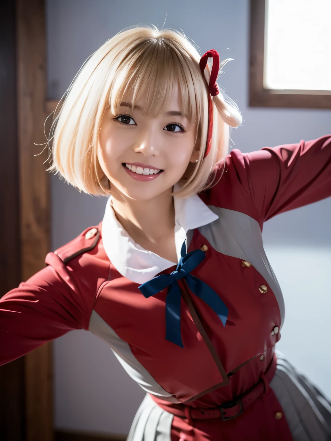 1girl, solo, cute Japanese girl, hight school girl, (smile:1.2), natural makeup, highlighting her clear skin and subtle eye shadow, Beyondv4,
BREAK
((realistic skin, detailed skin texture)),
BREAK
(bouncing breasts, active pose:1.2, stylish pose, dynamic angle:1.5),
BREAK
(huge breasts:1.35, pointy breasts),
BREAK
(film grain:1.5), 8K raw photo, Best quality, masterpiece, ultra high res, (photorealistic:1.4), professional lighting, (16k, RAW photo, best quality, masterpiece:1.2), (realistic, photo-realistic:1.4), (extremely detailed 16k wallpaper), sharp focus, depth of field, blur background, bokeh, cinematic lighting, soft light,
BREAK
aachisato, short hair, hair ribbon, breasts, neck ribbon, collared shirt, lycoris uniform, two-tone dress, red dress, grey dress, long sleeves, red belt,