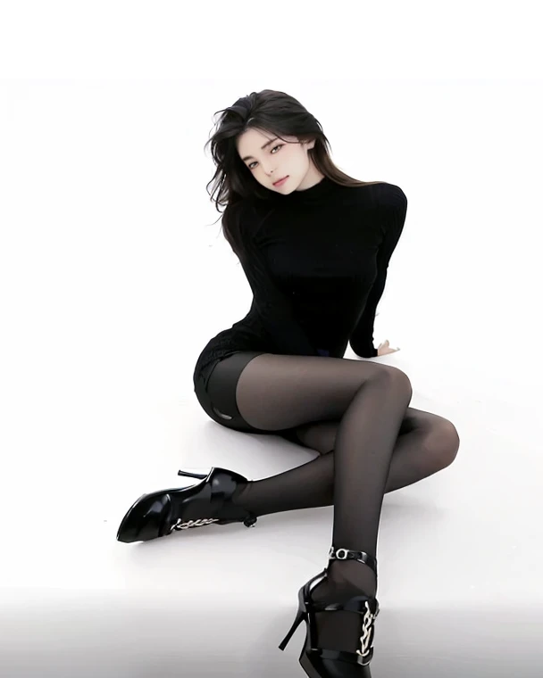 A Japanese Lady、beauitful face、二重まぶた、Big eyes、cabelos preto e longos、Black sunglasses、Knitted sweaters、Micro Shorts Beautiful Legs、Raw feet、knee high socks、Black pin heels、tall、super long legs、model poses、Sexy legs、sit a chair、cross one's legs、arms in arms