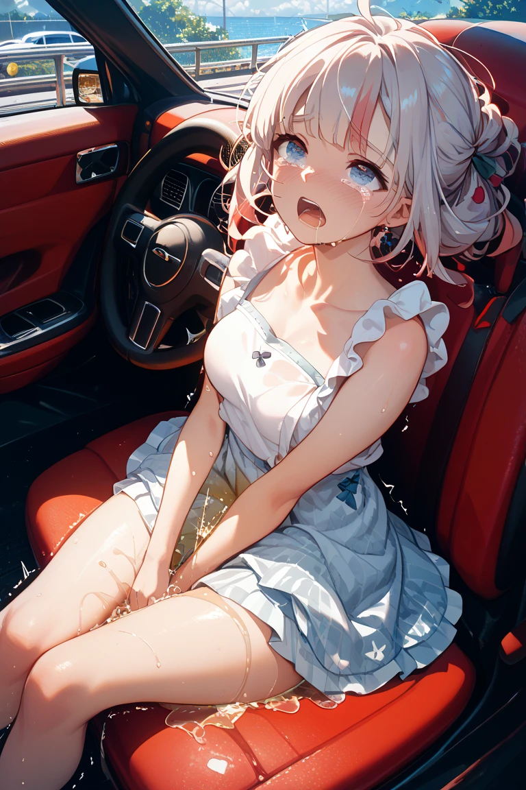 riding machine, 1girl, solo, breasts, sweat, tears,trembling,  steaming body,  shirt