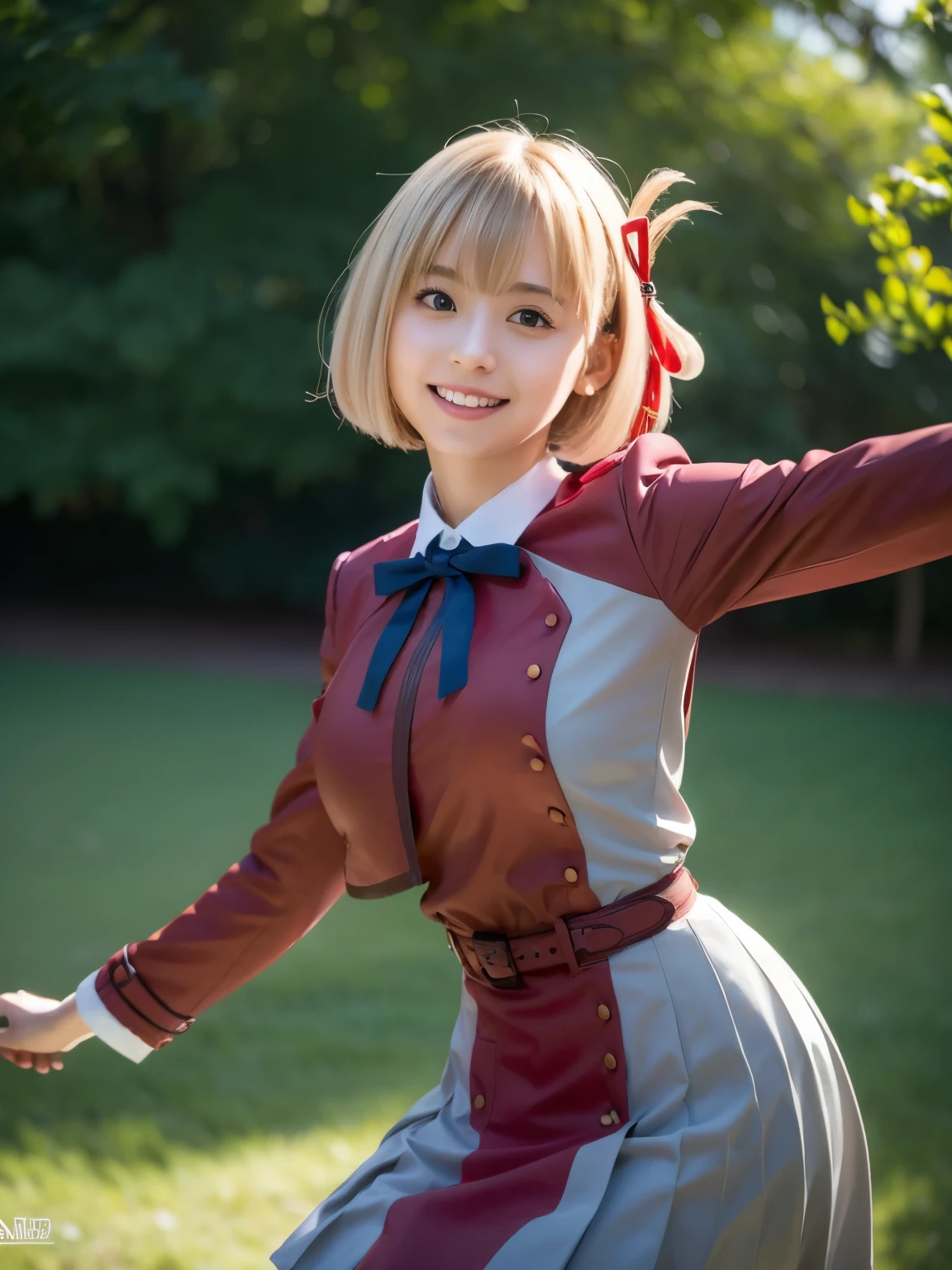 1girl, solo, cute Japanese girl, hight school girl, (smile:1.2), natural makeup, highlighting her clear skin and subtle eye shadow, Beyondv4,
BREAK
((realistic skin, detailed skin texture)),
BREAK
(bouncing breasts, active pose:1.2, stylish pose, dynamic angle:1.5),
BREAK
(huge breasts:1.35, pointy breasts),
BREAK
(film grain:1.5), 8K raw photo, Best quality, masterpiece, ultra high res, (photorealistic:1.4), professional lighting, (16k, RAW photo, best quality, masterpiece:1.2), (realistic, photo-realistic:1.4), (extremely detailed 16k wallpaper), sharp focus, depth of field, blur background, bokeh, cinematic lighting, soft light,
BREAK
aachisato, short hair, hair ribbon, breasts, neck ribbon, collared shirt, lycoris uniform, two-tone dress, red dress, grey dress, long sleeves, red belt,