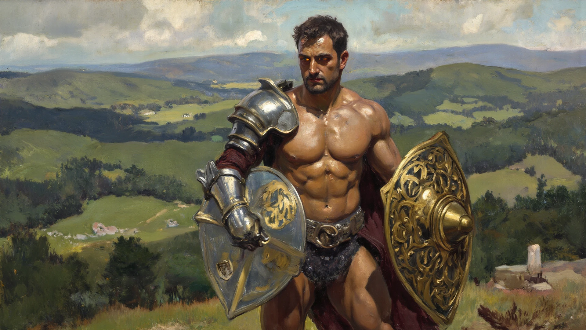 a painting of ((a man in soldier armor)), a portrait, by Daniel Gerhartz, ((Chest, abs, slim waist)), neoclassicism, Ancient trojan soldier, ((Brush stroke texture)) centered, perfect composition, presidential portrait, ((nude man)), ((Penis Showing))
