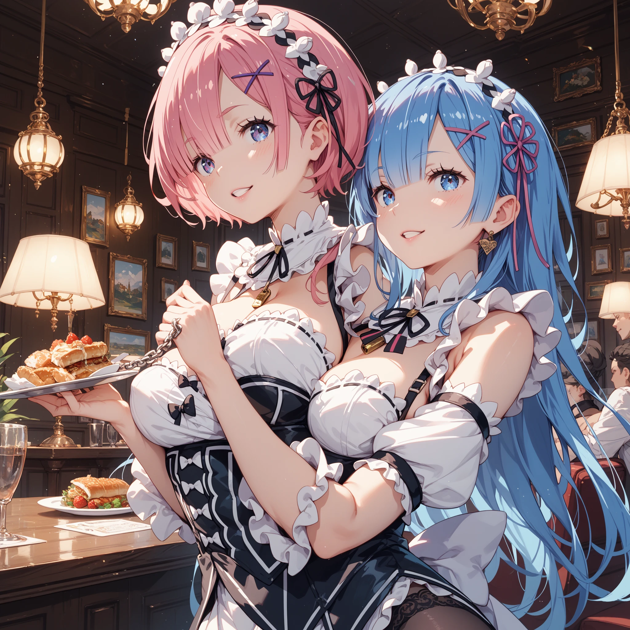 女の子1人、Too large breasts、爆乳、cleavage of the breast、Lolita clothes with lots of ribbons and frills、big ribbon on the head、fluffy and soft hair、Pale atmosphere、cute lolita pink room、Sunshine、Choker on ribbon、I see underwear.、garter belt made of lace、garnet brooch、Too large breasts、Sparkling eyes、heart mark、kawaii、爆乳