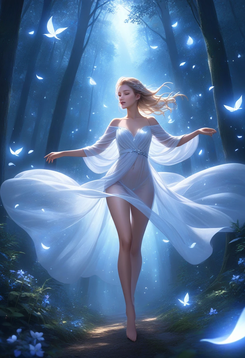 A crystalline character, floating, in the moonlight, in a ballet with illuminated particles, perfect human anatomy