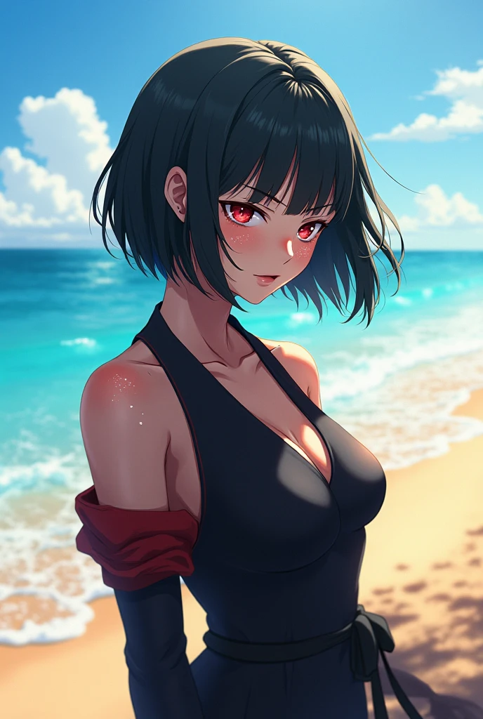 1 girl, very Short hair, black hair, red eyes, black lipstick, black choker, smile, black bikini, portrait, beach background, sit, half body, small breast