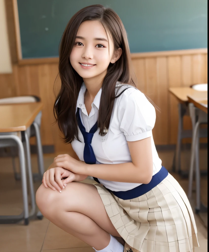 (masterpiece, best quality:1.2), 1girl, Beautiful girl wearing a , ((thai school uniform)), (posing sitting with legs dangling on the edge of a table, facing the camera, hands crossed behind her back), in a wooden house, morning, There's little light.