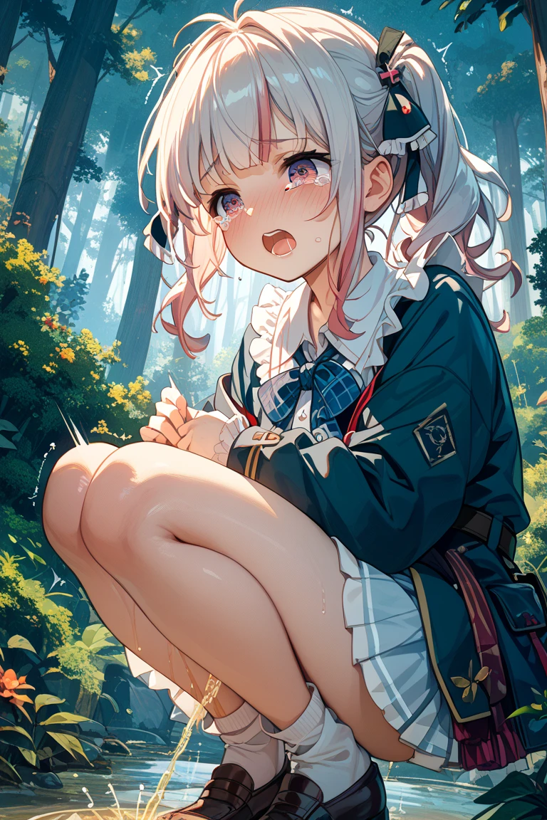 beautiful detailed girl,(masterpiece,best quality,extremely detailed:1.2),((cowboy shot:1.1)),(solo,10 years old,kawaii,slender,small breasts:1.25),(pained look:0.8),((white underwear:1.15) in (Torn school uniform):2),(dirty:2),blush,shy,weep,standing,(deep forest:1.5),(hug:0.4),rating: general, newest,Sexy face