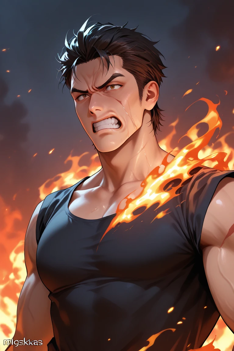 Masterpiece, of the highest quality, a strong man in a black shirt, messy black hair, strong body, fierce expression, blood, misery, red flames all around, illusory, hazy scene