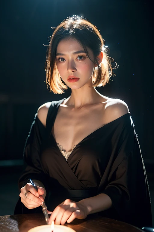 (masterpiece), (best quality), 1girl, 20 years old, deep V dress, sexy, sitting at the table, writing, candles, in door, in the dark, candle light, vintage, earth tone