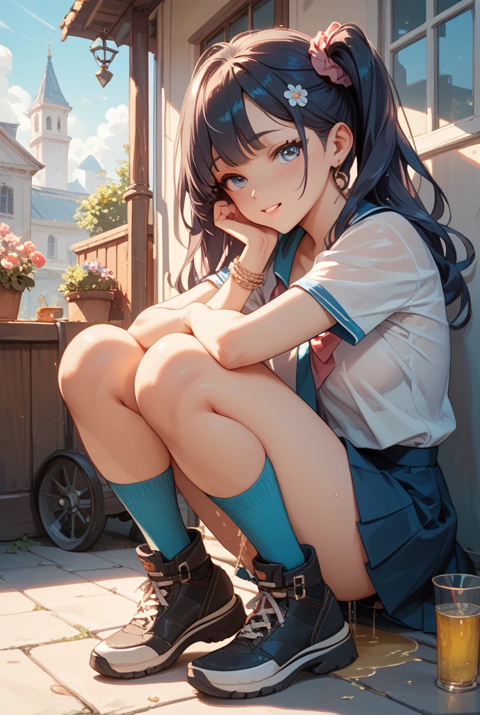 very cute and beautiful girl,(Very detailed美しい顔), (smile),blush,Black Hair,Seraphim,(Pleated navy blue pread your legs),Sitting、(From below),(Lacy white panties), Stairs in the park、Distant Tree々and the city, (Highest quality,masterpiece:1.0),Absurd,High resolution,Super detailed,Very detailed,32k,8K resolution, Intricate details,Movie Scenes,Detailed Background,alone,Dynamic Angle,