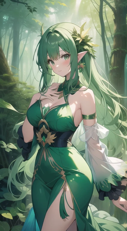 Enchanting forestを背景に葉っぱ模様のGreen Robeを着た、枝角のようなティアラとEmerald green hairを持つ、forest guardianエルフのAn illustration。tag: Elven Magic、An illustration、forest guardian、Antler Tiara、Emerald green hair、Leaves - Patterned lobes、Enchanting forest、Green Robe、Nature's Boots、Long, thin ears、Slim legs、Forest-like、Mythical、Calm、Green and brown tones、Infused with nature、mystical presence、Protective posture、Fantasy lore