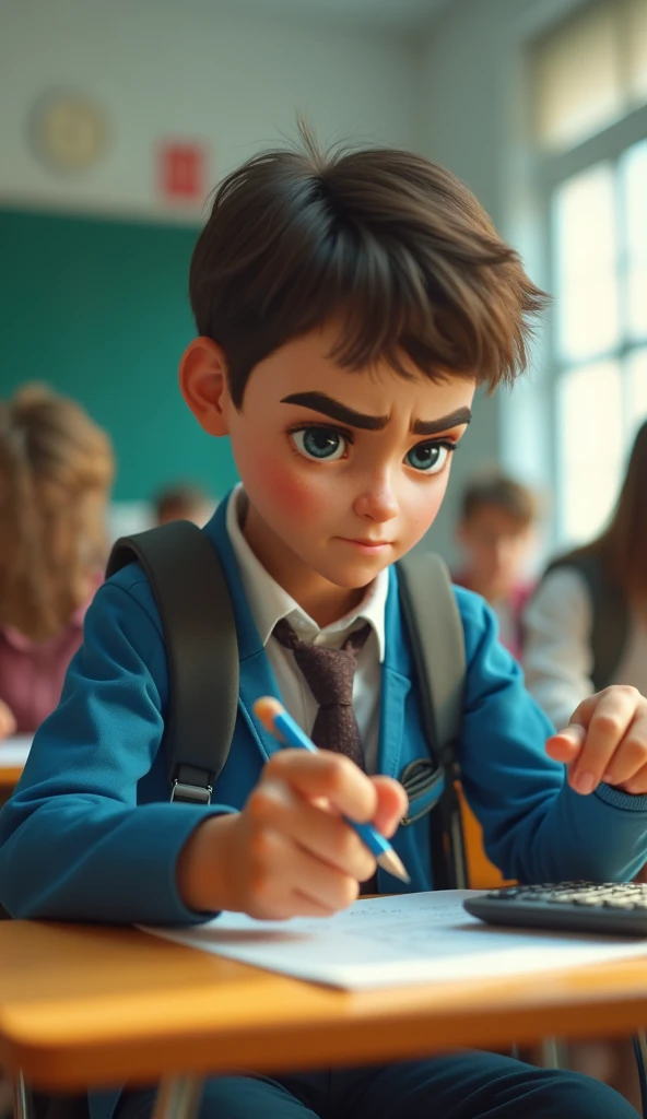 Boy in uniform crying in classroom, bullied, student